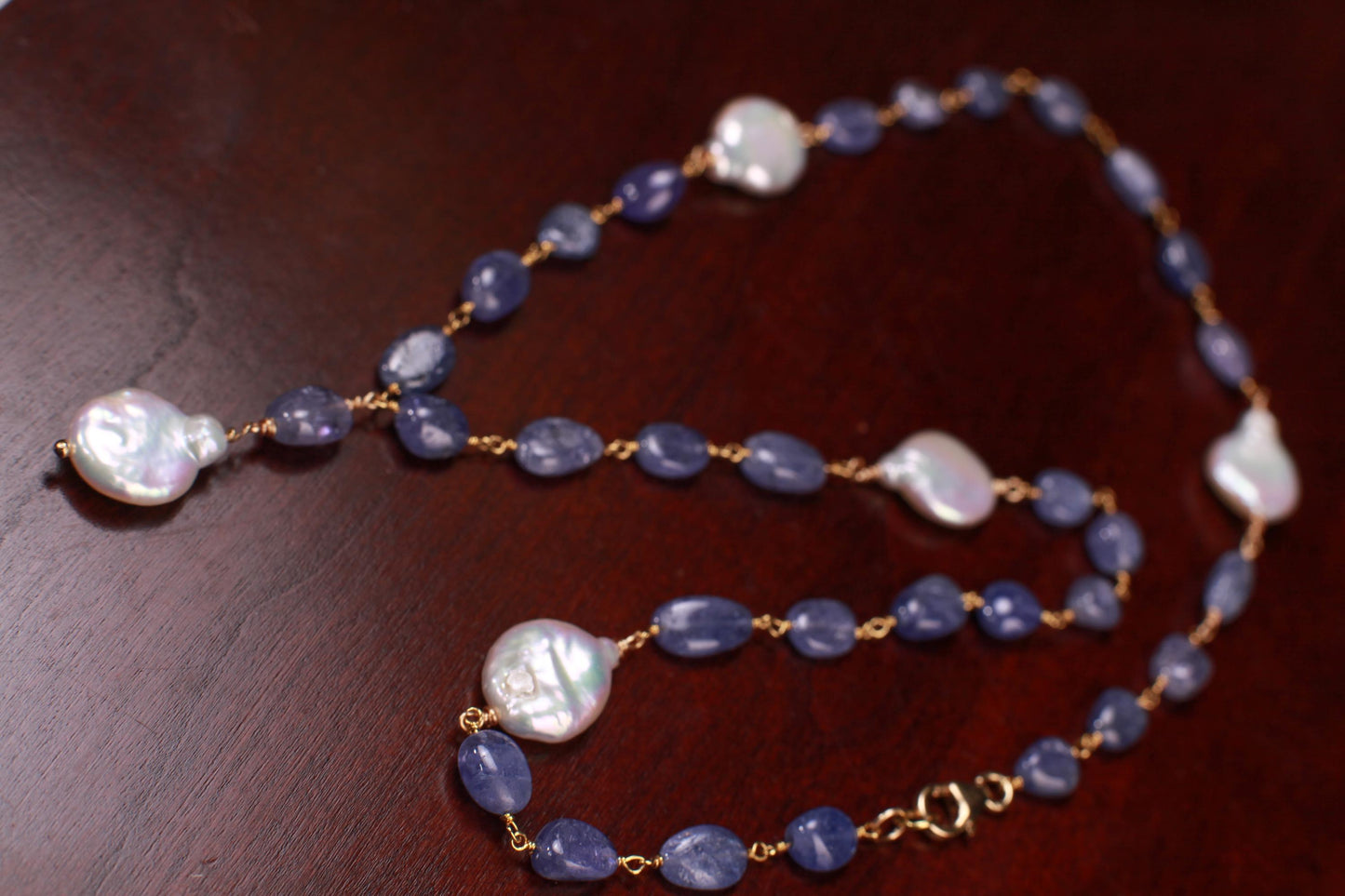 Natural Tanzanite 7-8.5mm smooth oval freshwater Coin pearl spacer and dangling pendat 18k Gold Vermeil handmade Necklace.