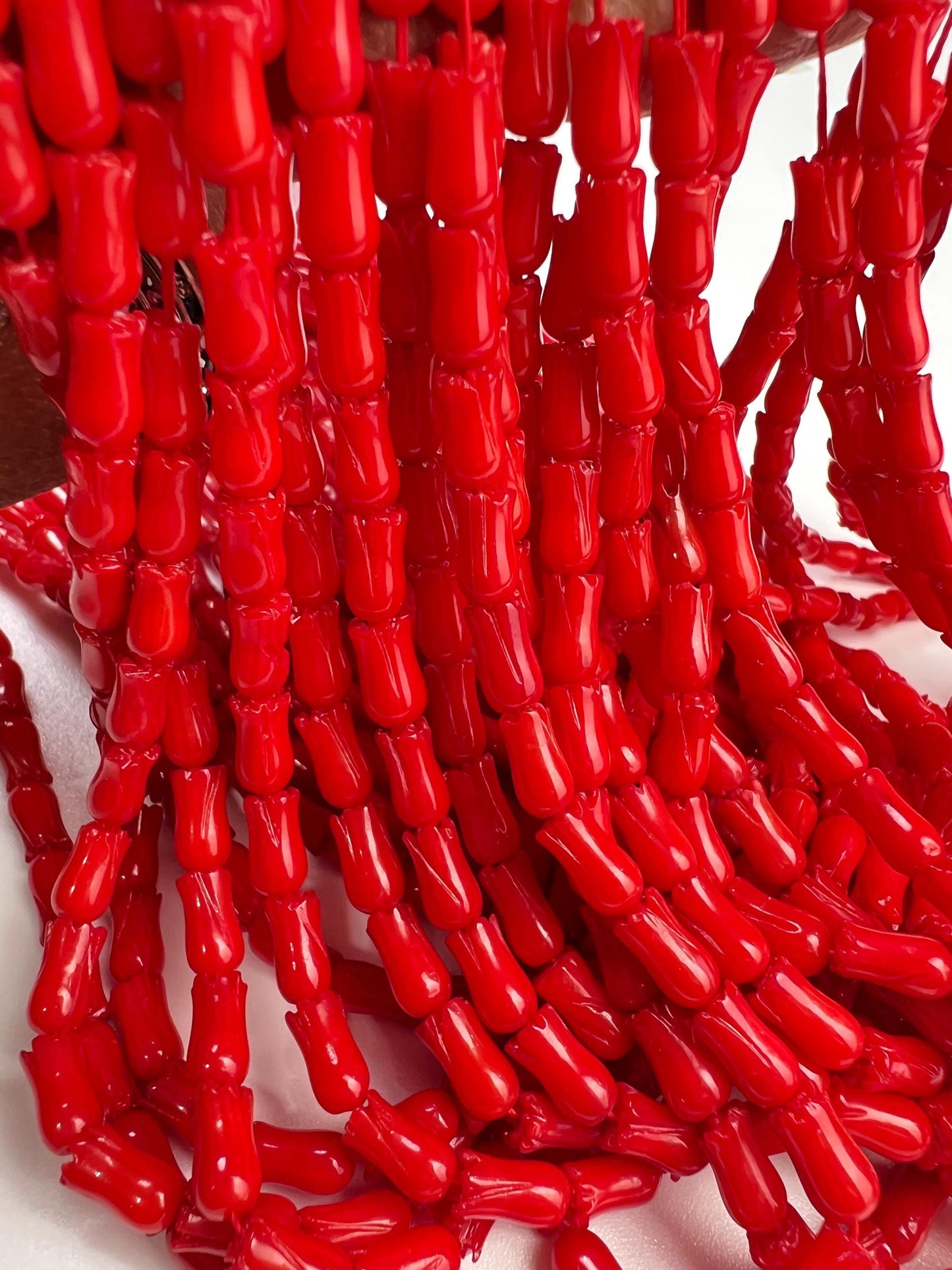 Natural Italian cora Tulip Flower Handcarved 4x8 mm AAA quality Handcrafted bright Red coral Beads 8”(26 pcs) or 15.5”(52pcs) strand