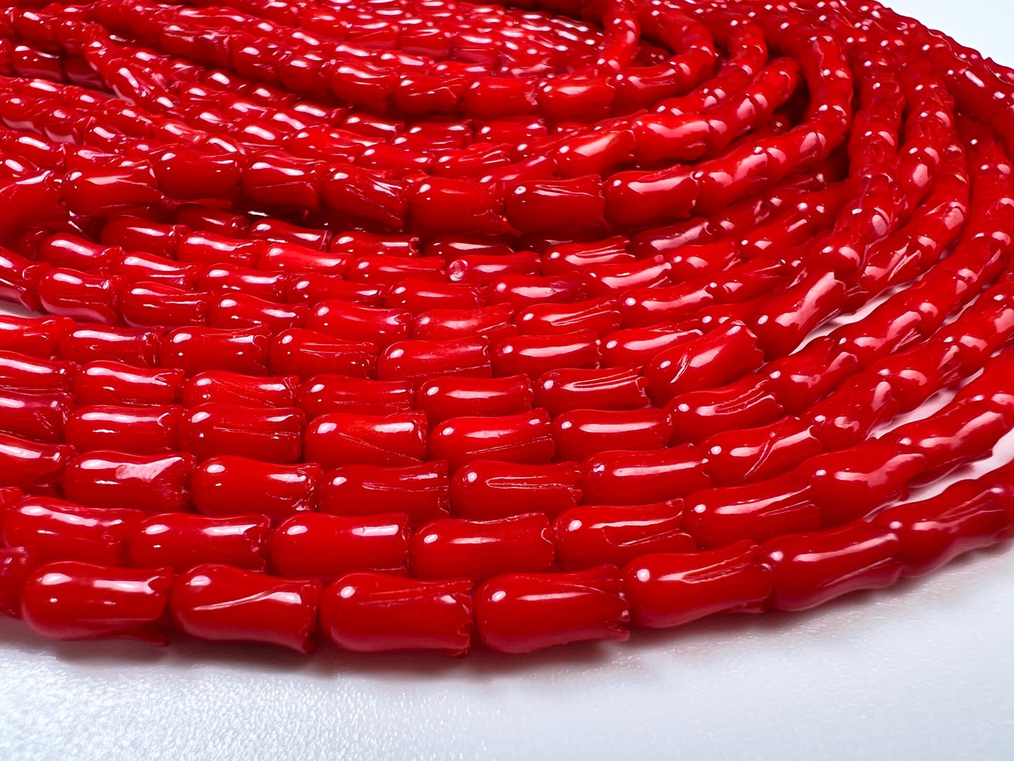 Natural Italian cora Tulip Flower Handcarved 4x8 mm AAA quality Handcrafted bright Red coral Beads 8”(26 pcs) or 15.5”(52pcs) strand