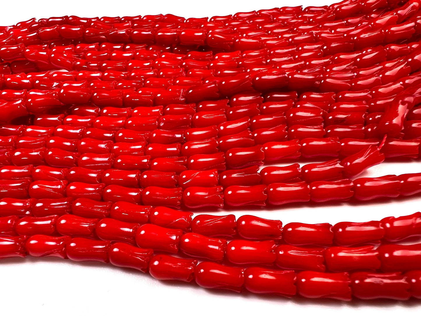 Natural Italian cora Tulip Flower Handcarved 4x8 mm AAA quality Handcrafted bright Red coral Beads 8”(26 pcs) or 15.5”(52pcs) strand