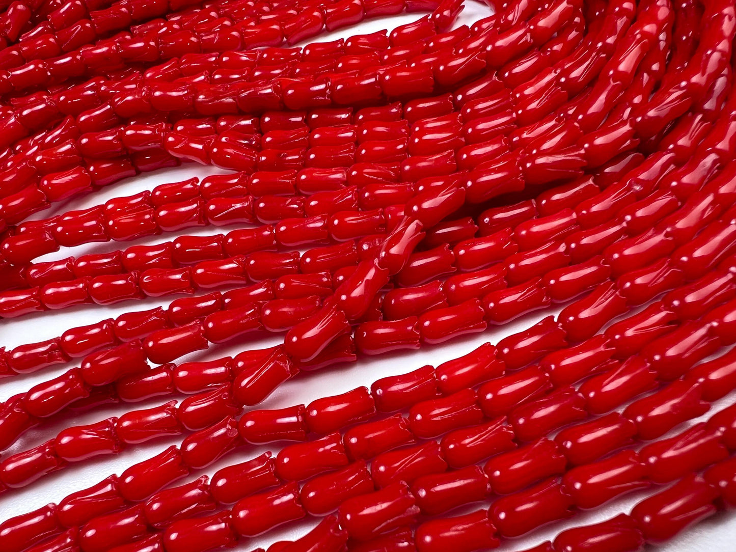 Natural Italian cora Tulip Flower Handcarved 4x8 mm AAA quality Handcrafted bright Red coral Beads 8”(26 pcs) or 15.5”(52pcs) strand