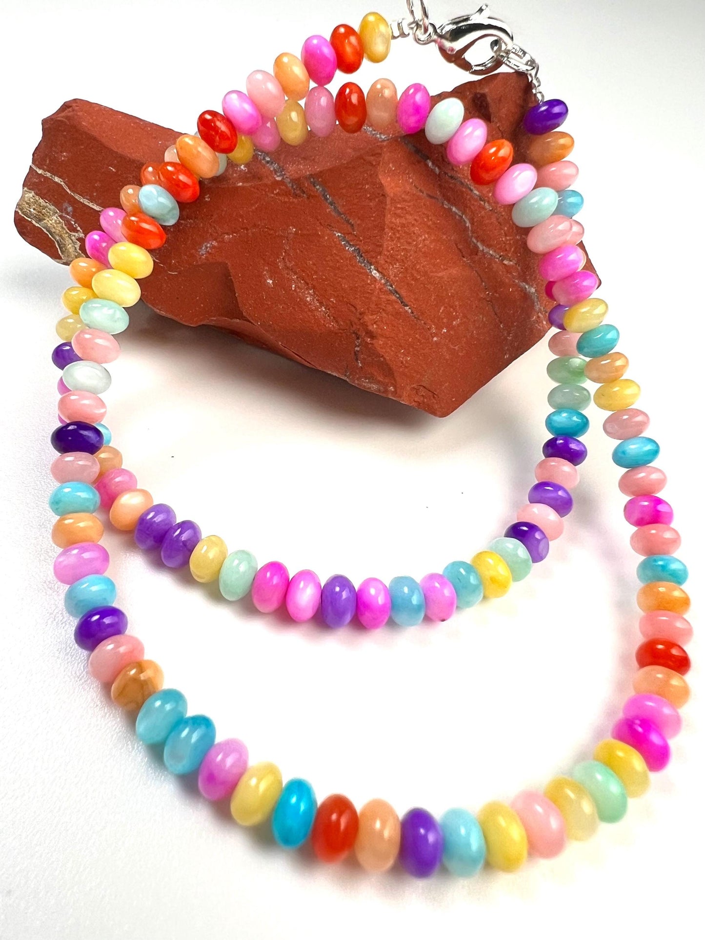 Multi mix Mother of pearl 5mm gemstone beaded handmade necklace. Disco multi color Summer beach boho necklace bachelorette valentines Gift