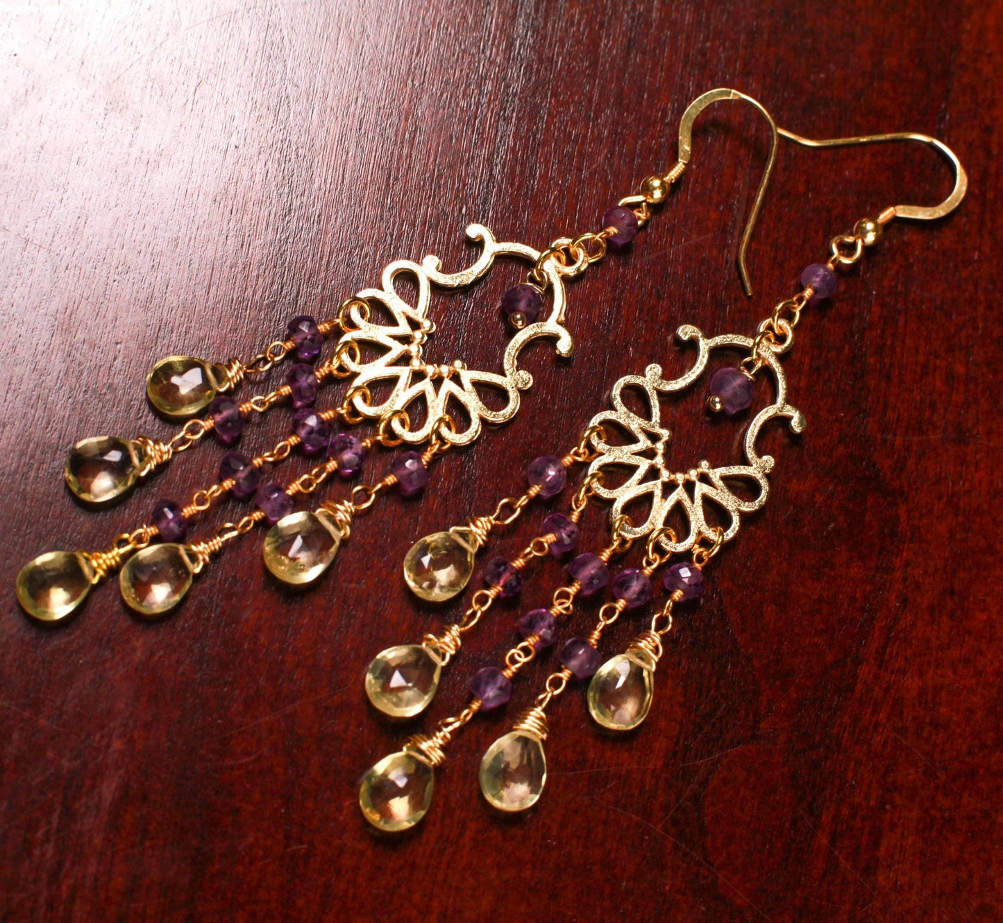 Natural Lemon Quartz Dangling Wire Wrapped Amethyst Chandelier in 14K Gold Vermeil Ear wire, 925 Stamped, Precious Gift for her