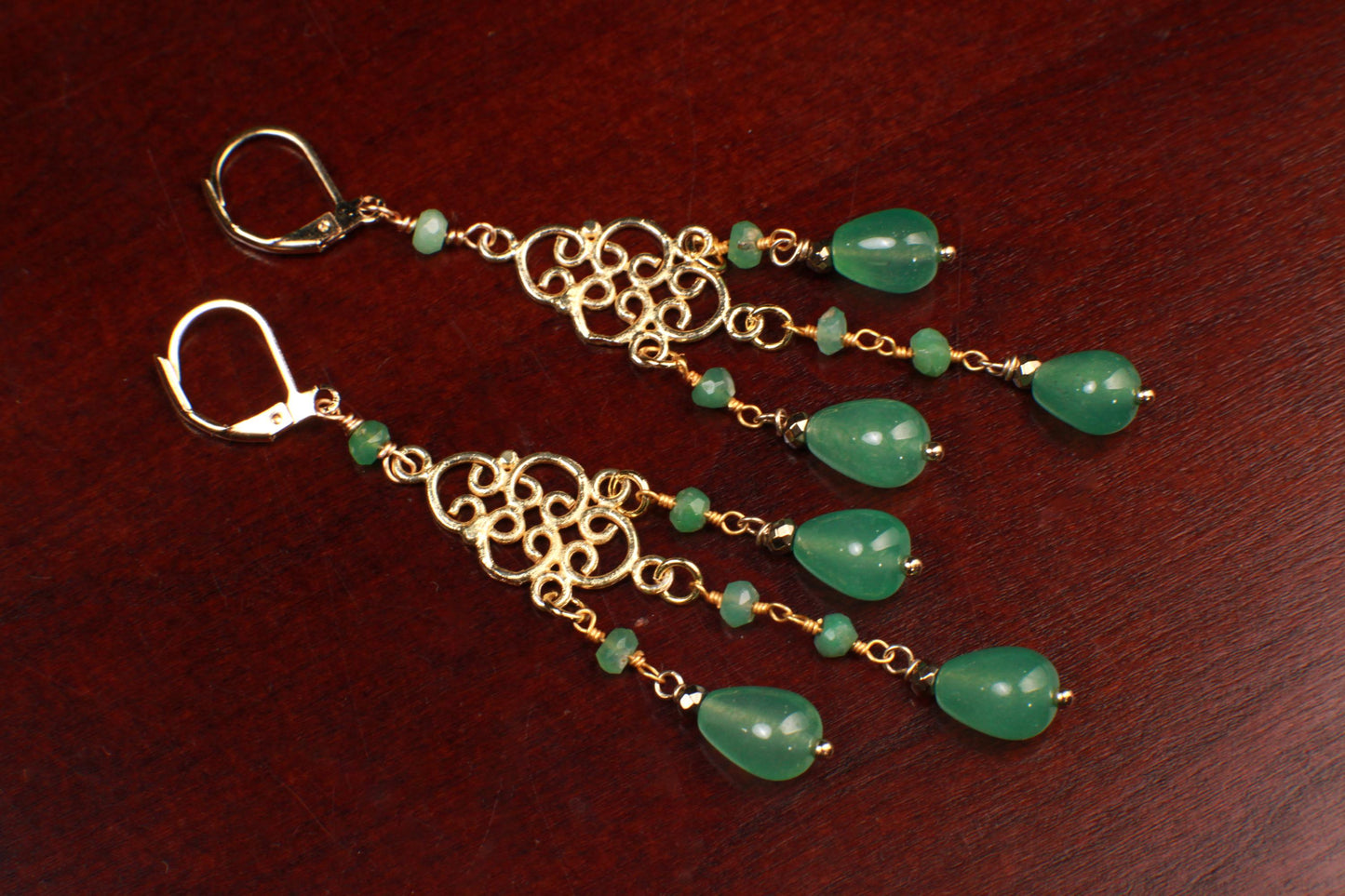 Natural Aventurine drop wire wrapped chrysoprase gemstone 22k gold vermeil chandelier Earrings handmade beautiful gift