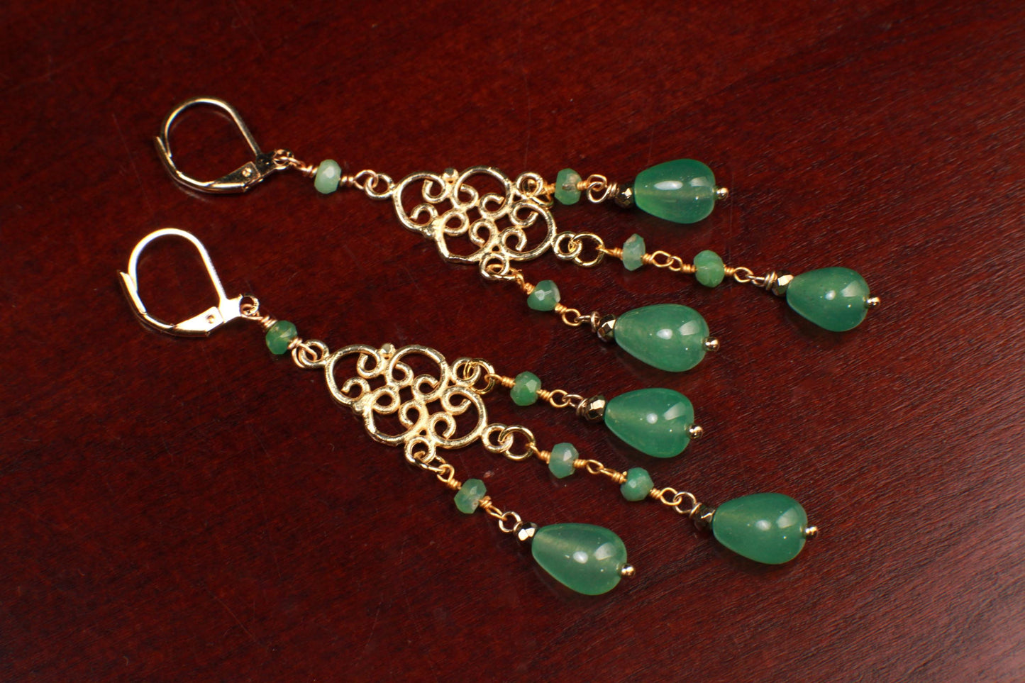 Natural Aventurine drop wire wrapped chrysoprase gemstone 22k gold vermeil chandelier Earrings handmade beautiful gift