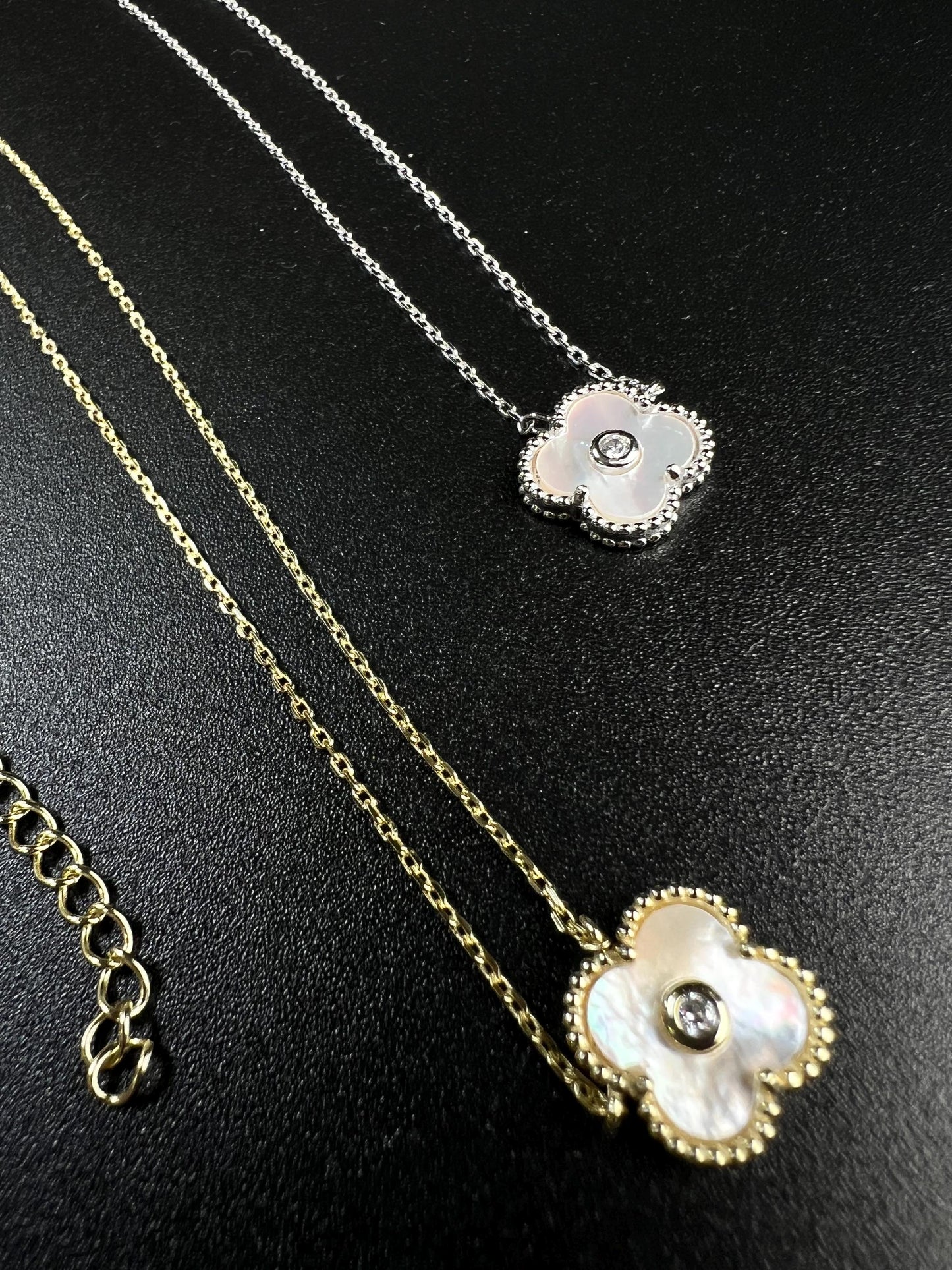 925 Sterling Silver White Mother of Pearl and CZ Diamond Clover Charm Necklace, Love Faith, Hope & love gift