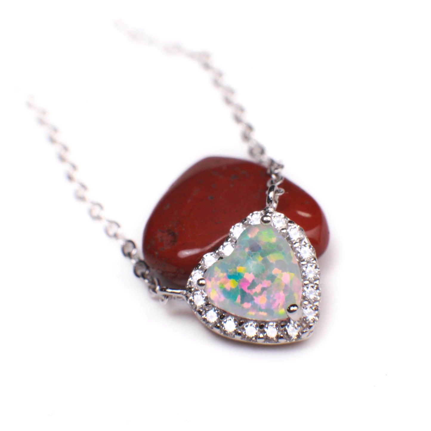 Genuine Ethiopian Fire Opal, Welo Opal Heart CZ diamond Pendant Necklace in 925 Sterling Silver, 22K Gold Vermeil Necklace AAA Quality