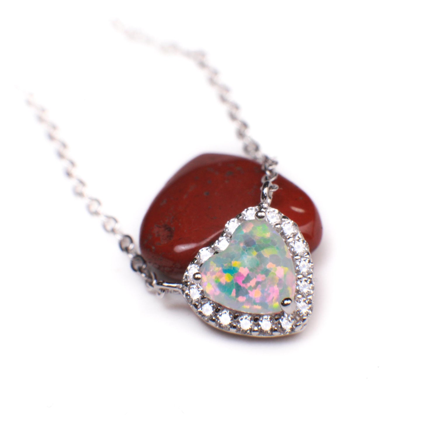 Genuine Ethiopian Fire Opal, Welo Opal Heart CZ diamond Pendant Necklace in 925 Sterling Silver, 22K Gold Vermeil Necklace AAA Quality