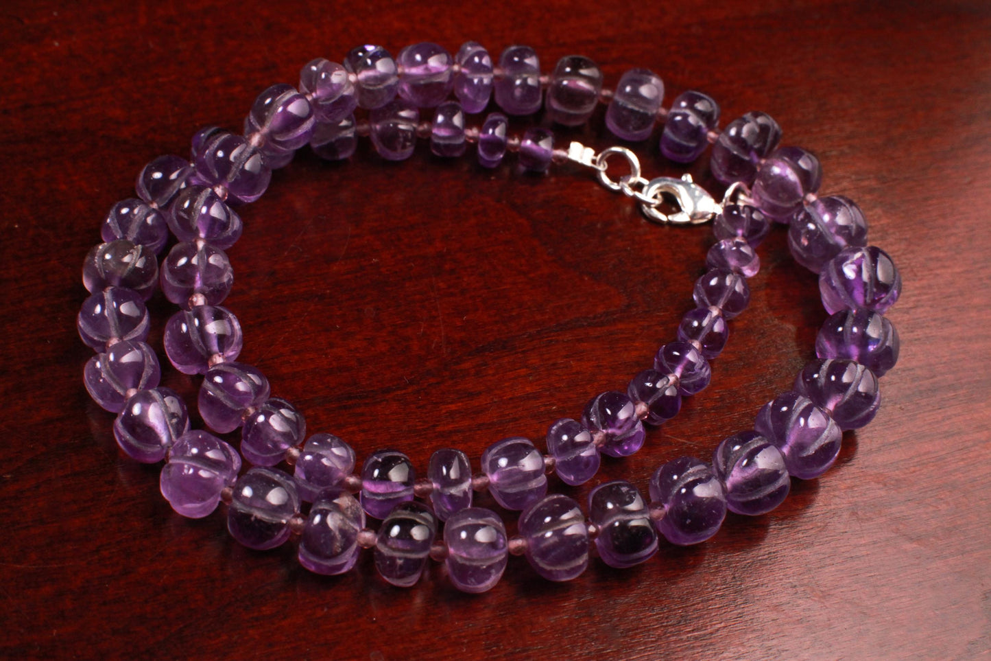 Natural Amethyst Purple 6-8mm AAA Carved Pumpkin Beaded Necklace in Silver Lobster clasp. Necklace and Earrings set. February Birthstone