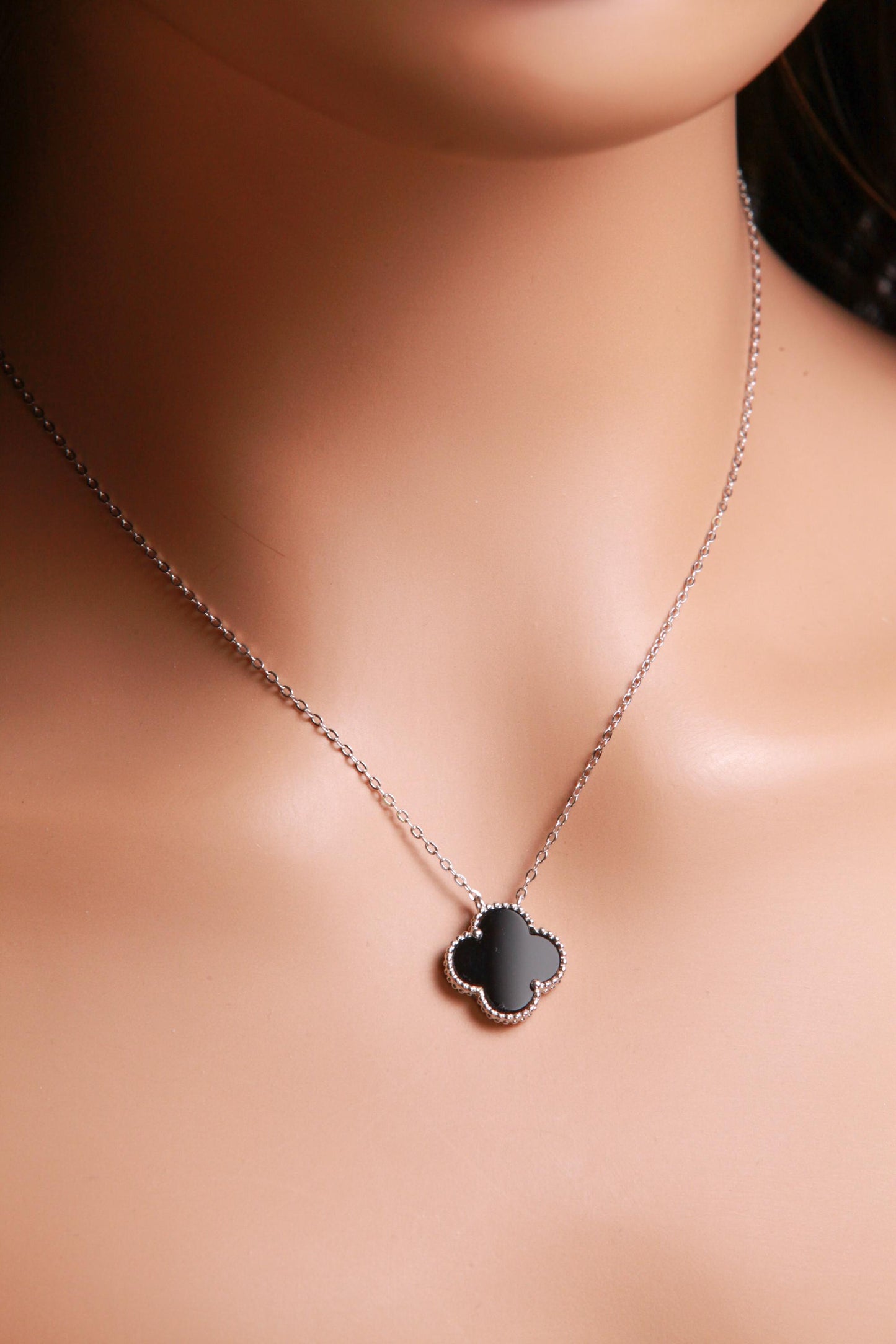 Sterling Silver Black Onyx Double Sided 16mm four leaf Flower Charm 16” extend to 17” and 18” Necklace, Love charm