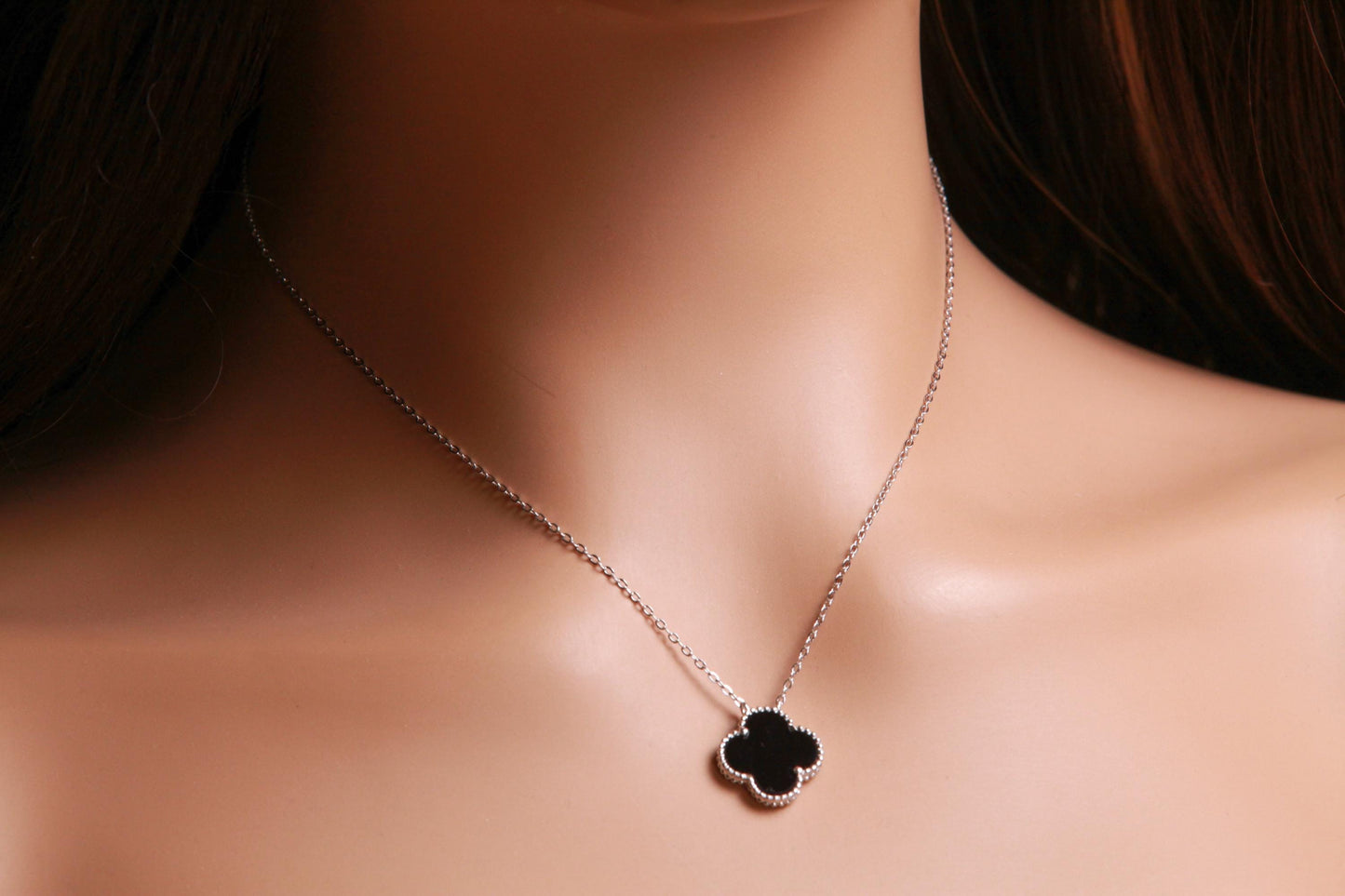 Sterling Silver Black Onyx Double Sided 16mm four leaf Flower Charm 16” extend to 17” and 18” Necklace, Love charm