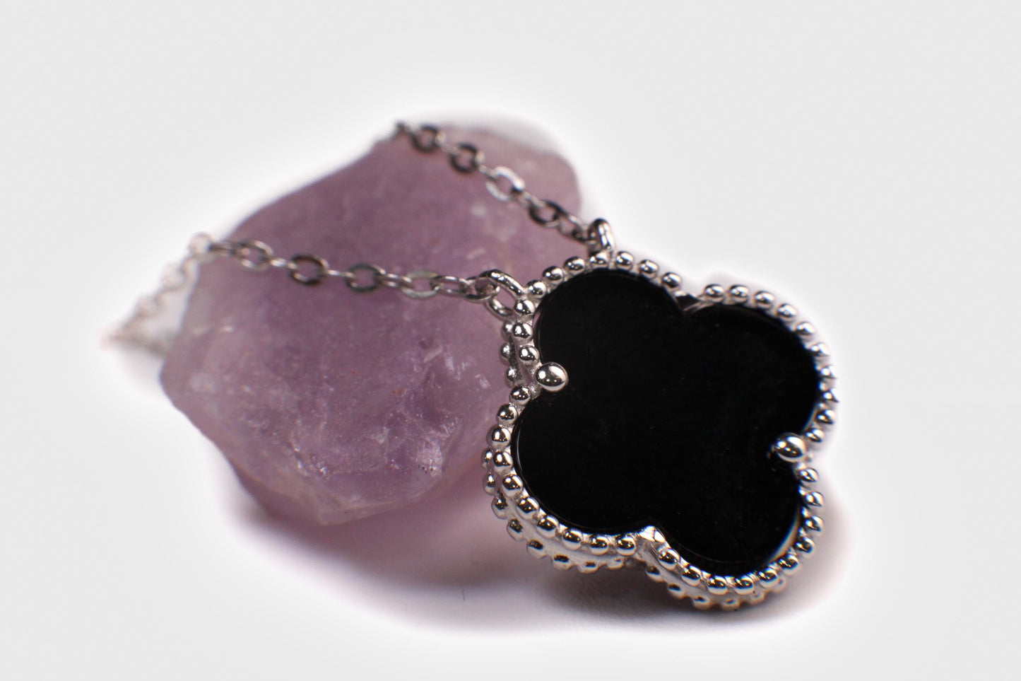 Sterling Silver Black Onyx Double Sided 16mm four leaf Flower Charm 16” extend to 17” and 18” Necklace, Love charm