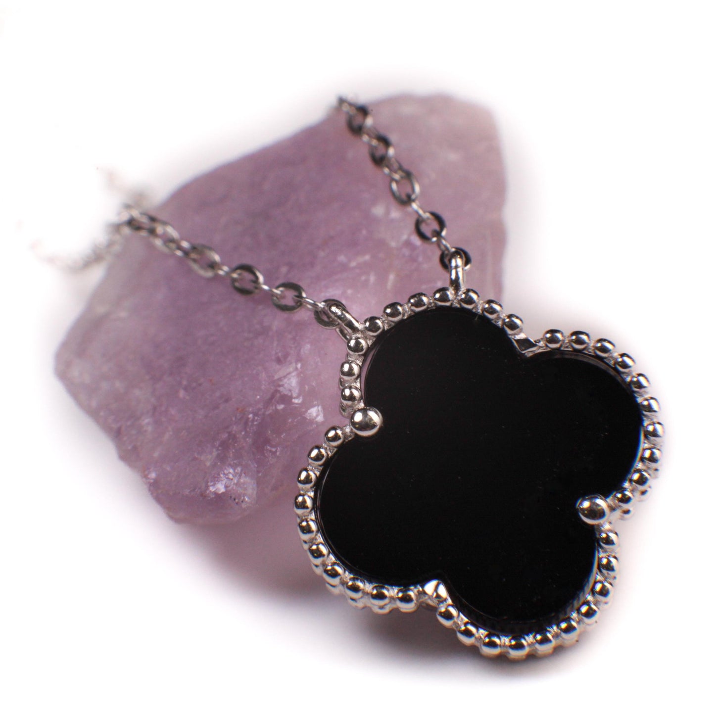 Sterling Silver Black Onyx Double Sided 16mm four leaf Flower Charm 16” extend to 17” and 18” Necklace, Love charm