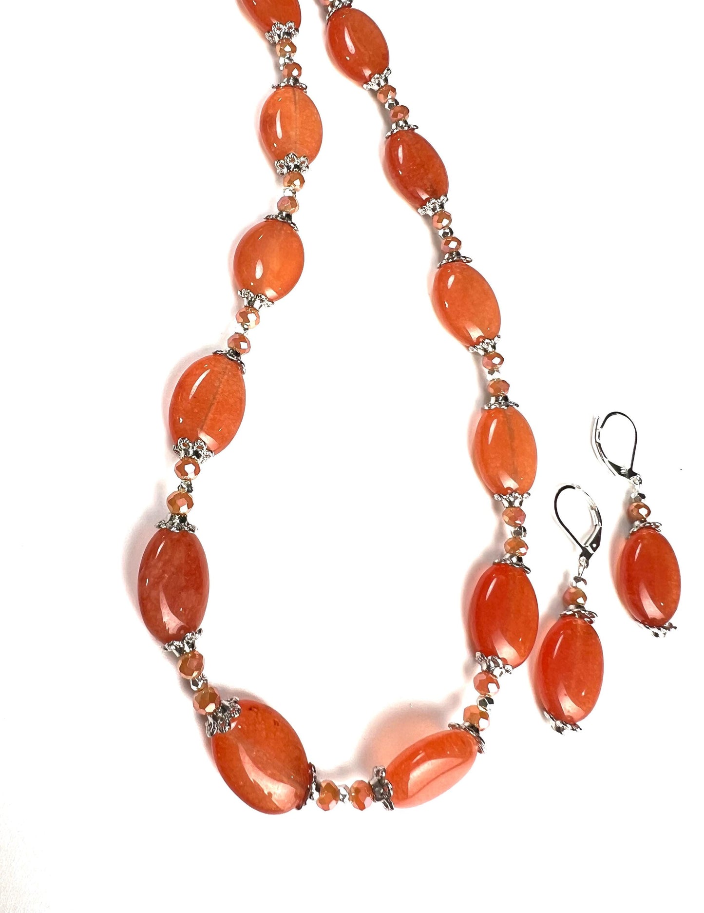 Natural Red Aventurine Peach aventurine 12x16mm oval Gemstones with Bali Style Spacers, peachy orange beads silver Necklace earrings set