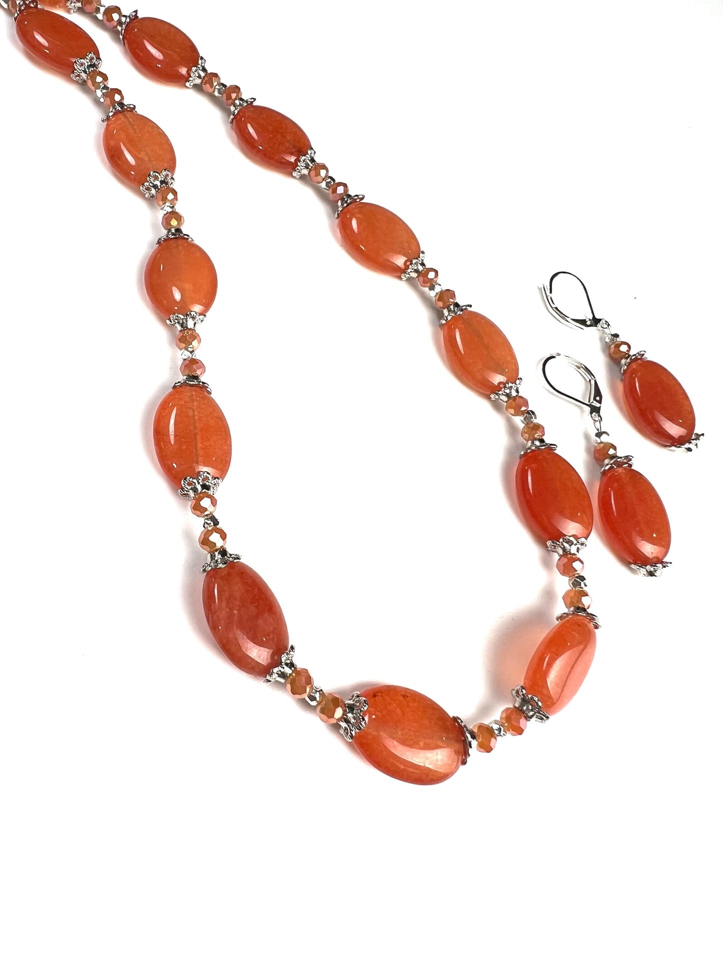 Natural Red Aventurine Peach aventurine 12x16mm oval Gemstones with Bali Style Spacers, peachy orange beads silver Necklace earrings set