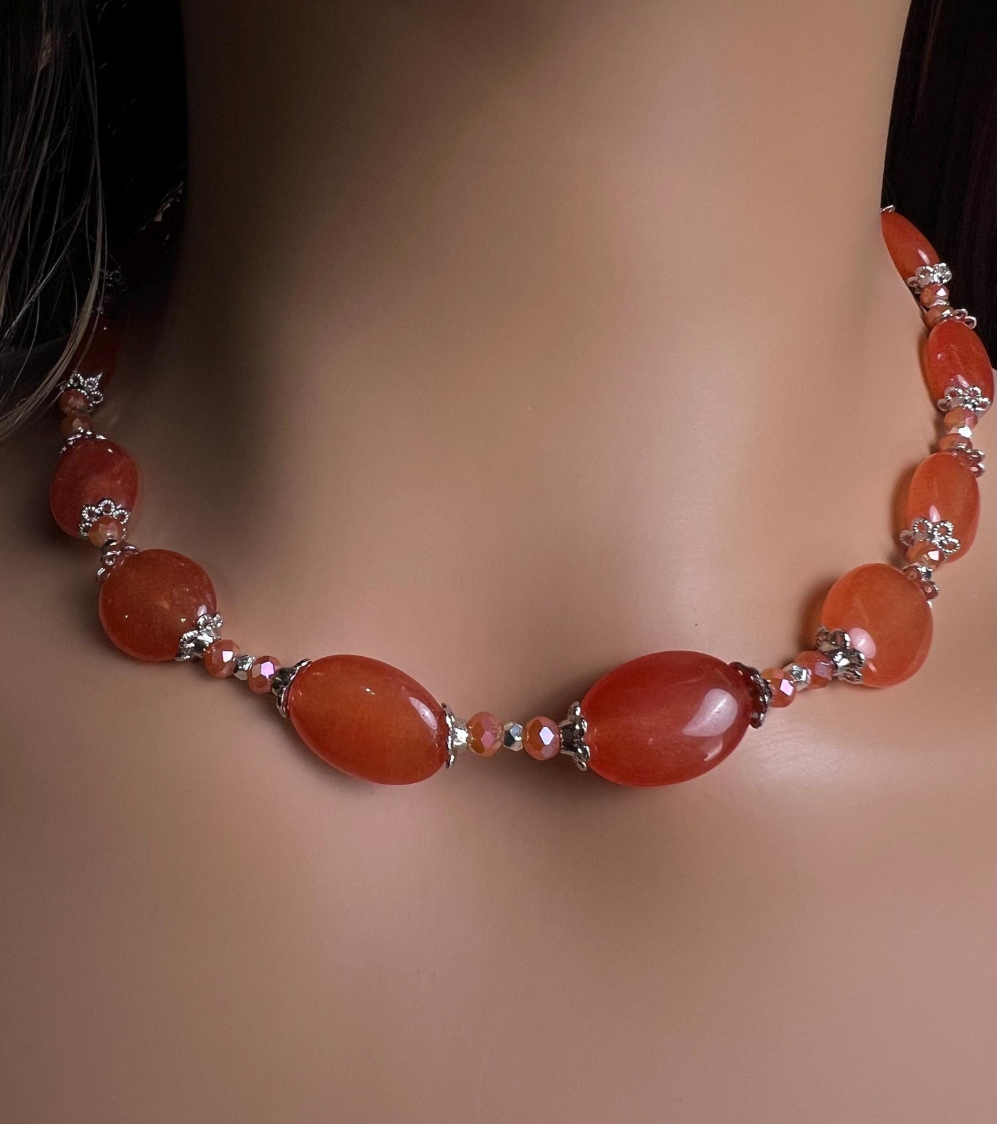 Natural Red Aventurine Peach aventurine 12x16mm oval Gemstones with Bali Style Spacers, peachy orange beads silver Necklace earrings set