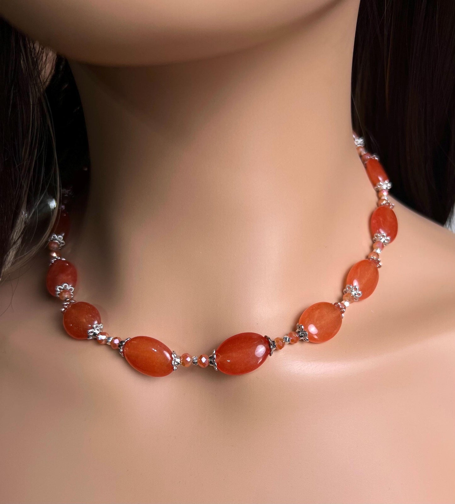 Natural Red Aventurine Peach aventurine 12x16mm oval Gemstones with Bali Style Spacers, peachy orange beads silver Necklace earrings set
