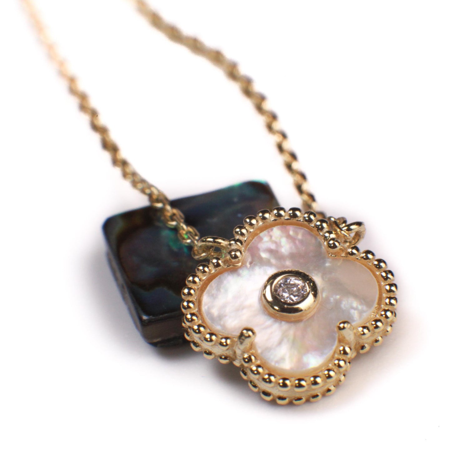 22K Gold Vermeil over 925 Sterling Silver White Mother of Pearl and CZ Diamond Clover Charm Necklace, Love Faith Hope & love gift