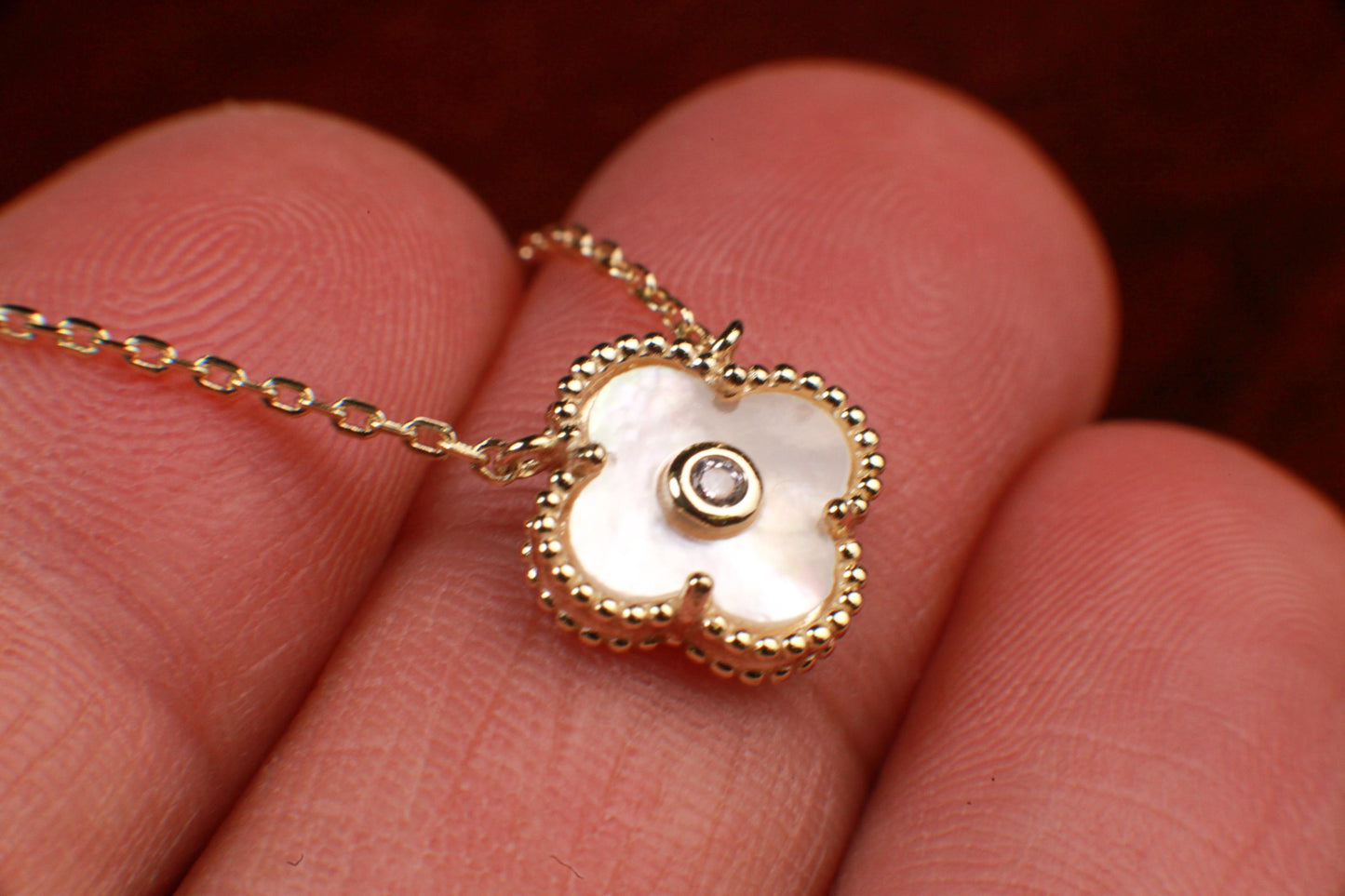 22K Gold Vermeil over 925 Sterling Silver White Mother of Pearl and CZ Diamond Clover Charm Necklace, Love Faith Hope & love gift