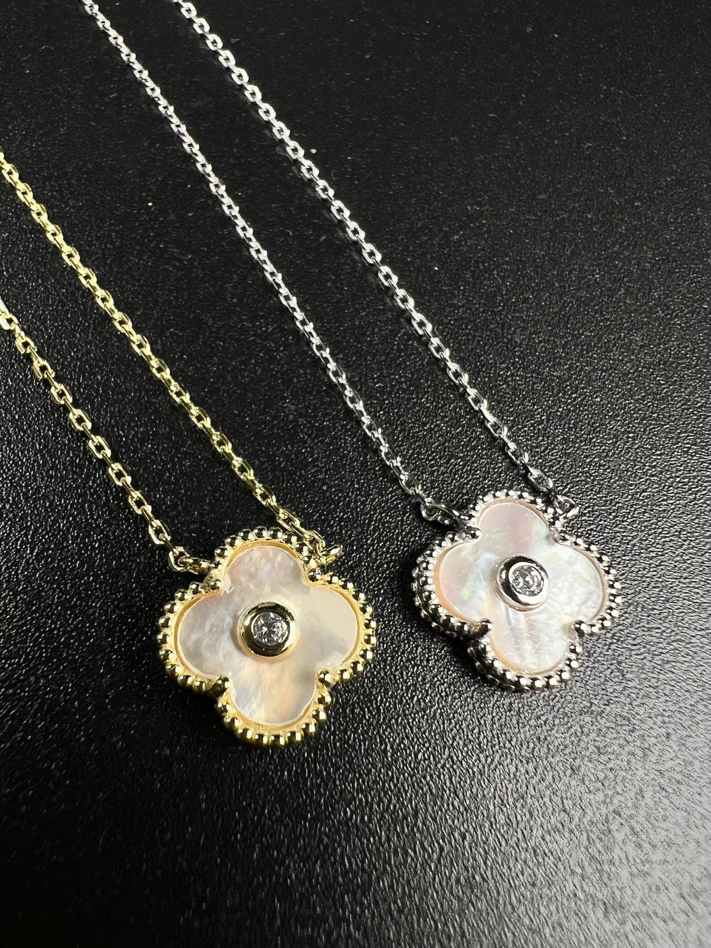 22K Gold Vermeil over 925 Sterling Silver White Mother of Pearl and CZ Diamond Clover Charm Necklace, Love Faith Hope & love gift