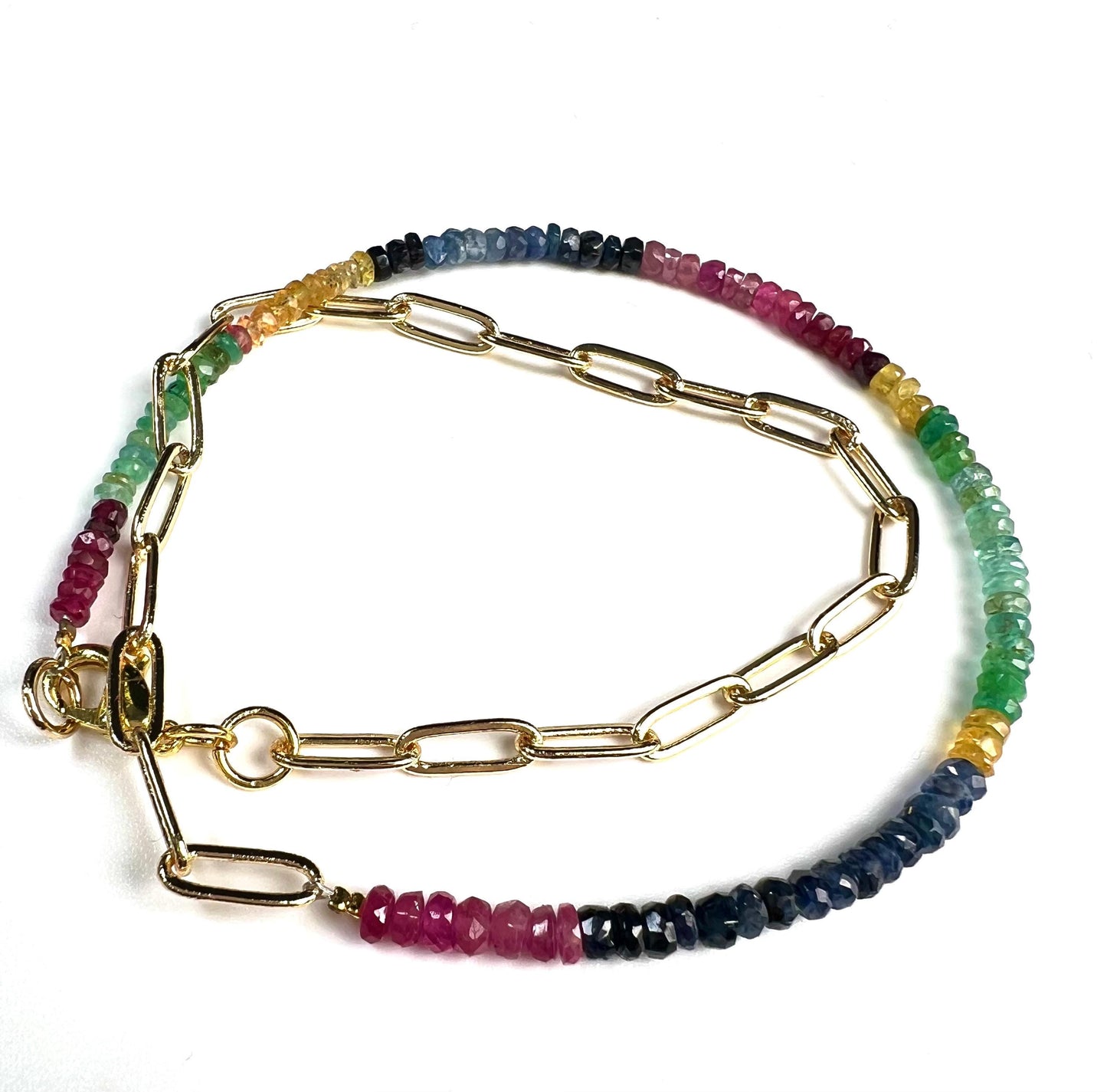 Half sapphire half chain Necklace. Natural Multi Sapphire Ruby Emerald with 18k Gold Vermeil Paper clip chain gold necklace Resistance Unity