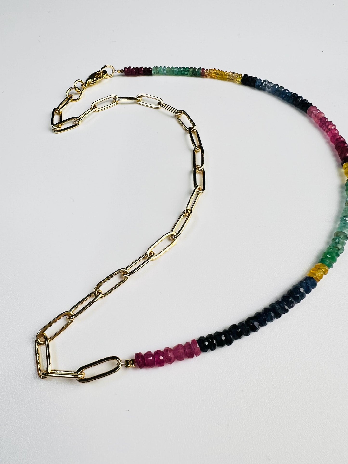 Natural Multi Sapphire Ruby Emeral beaded with 18k Gold Vetmeil Paper clip chain gold necklace Resistance Unity necklace