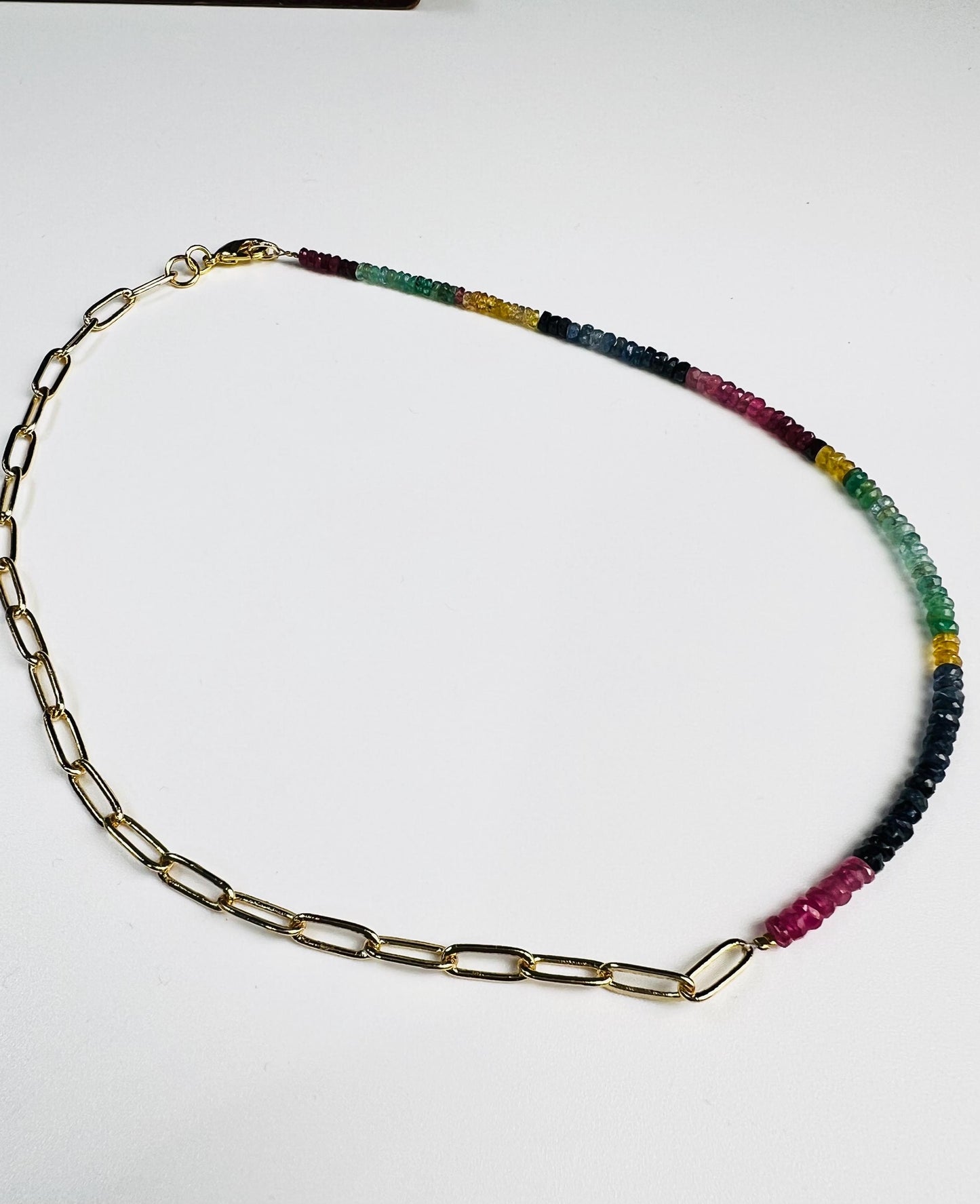 Natural Multi Sapphire Ruby Emeral beaded with 18k Gold Vetmeil Paper clip chain gold necklace Resistance Unity necklace