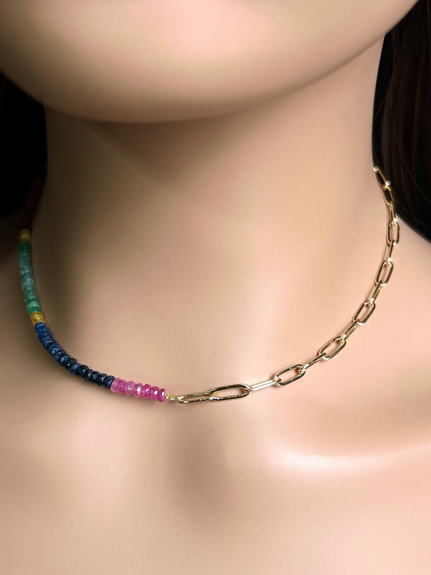 Natural Multi Sapphire Ruby Emeral beaded with 18k Gold Vetmeil Paper clip chain gold necklace Resistance Unity necklace