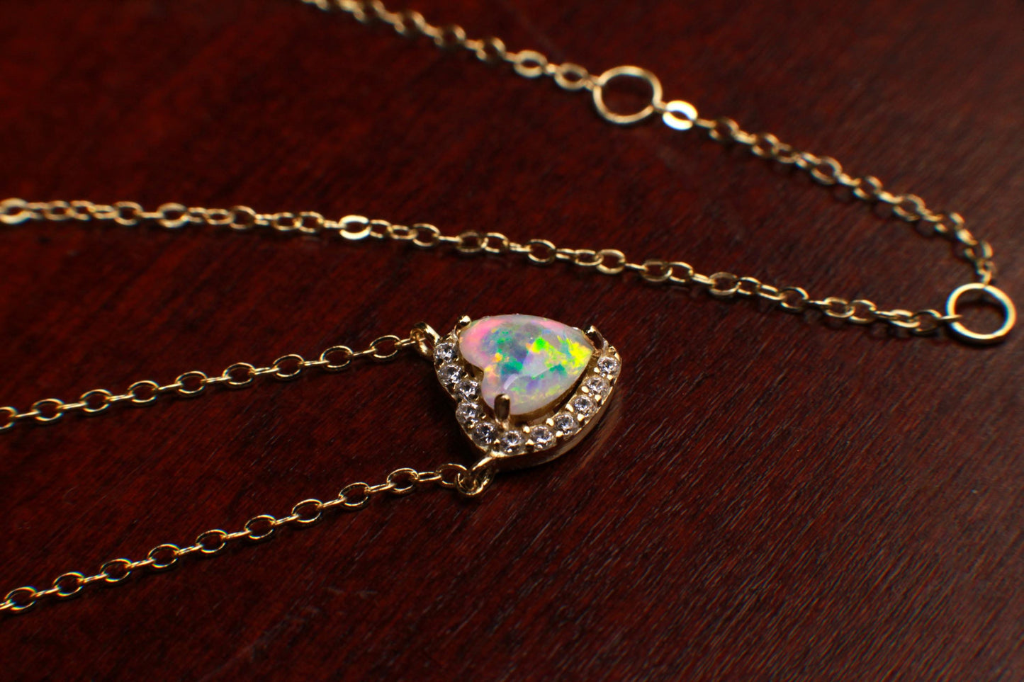 Genuine Ethiopian Fire Opal, Welo Opal Heart CZ diamond Pendant Necklace in 22K Gold Vermeil 925 Sterling Silver Necklace AAA Quality