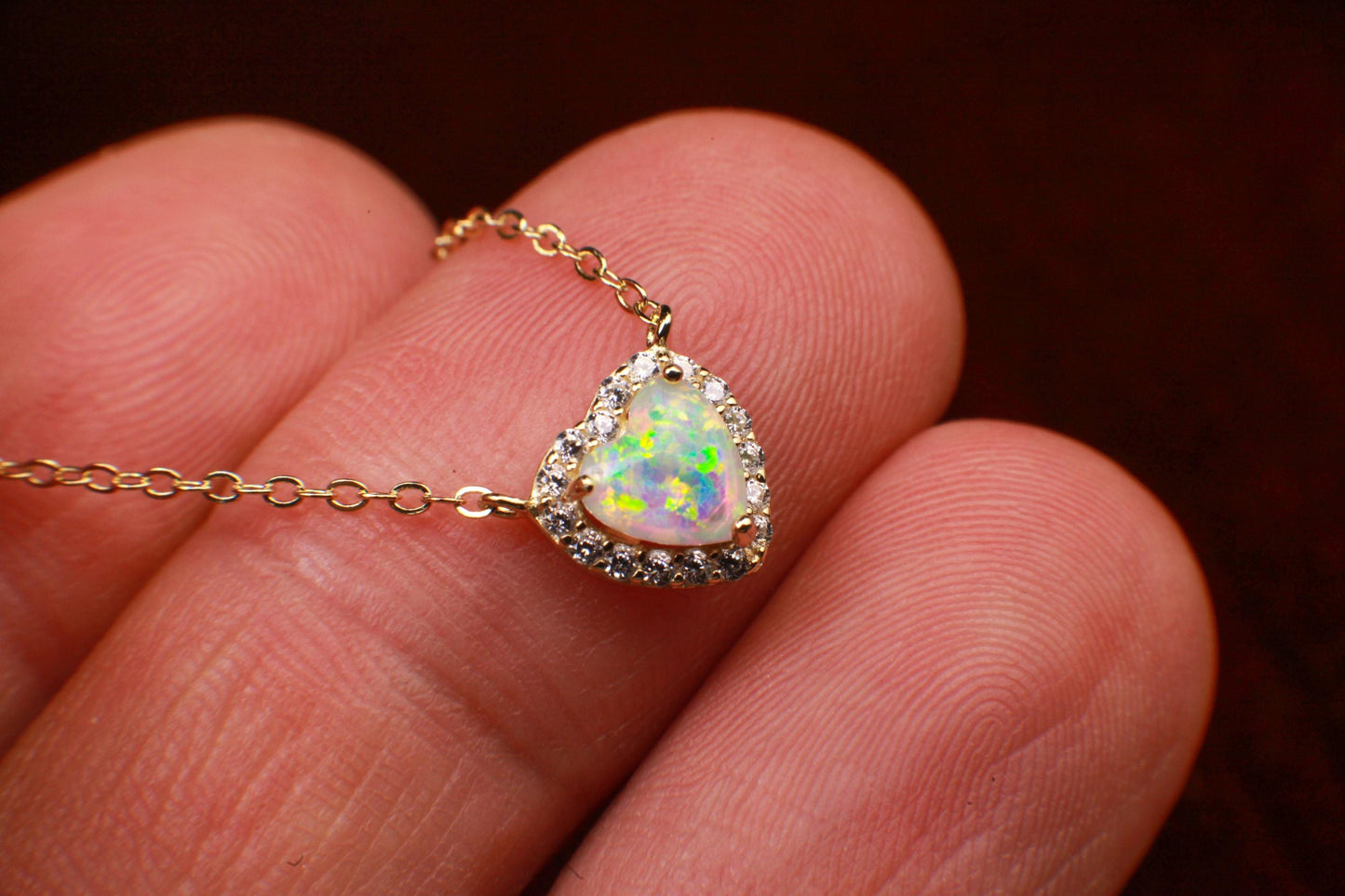 Genuine Ethiopian Fire Opal, Welo Opal Heart CZ diamond Pendant Necklace in 22K Gold Vermeil 925 Sterling Silver Necklace AAA Quality