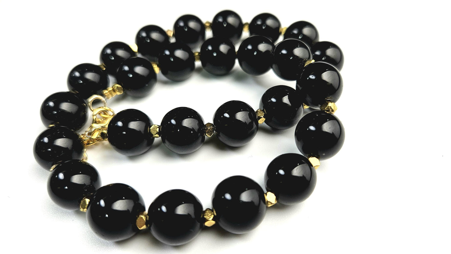 Genuine Black Onyx 14mm 18" Gold Necklace with 3" Extension Chain. High Quality Onyx smooth polished Bead. Elegant Gift for Mom