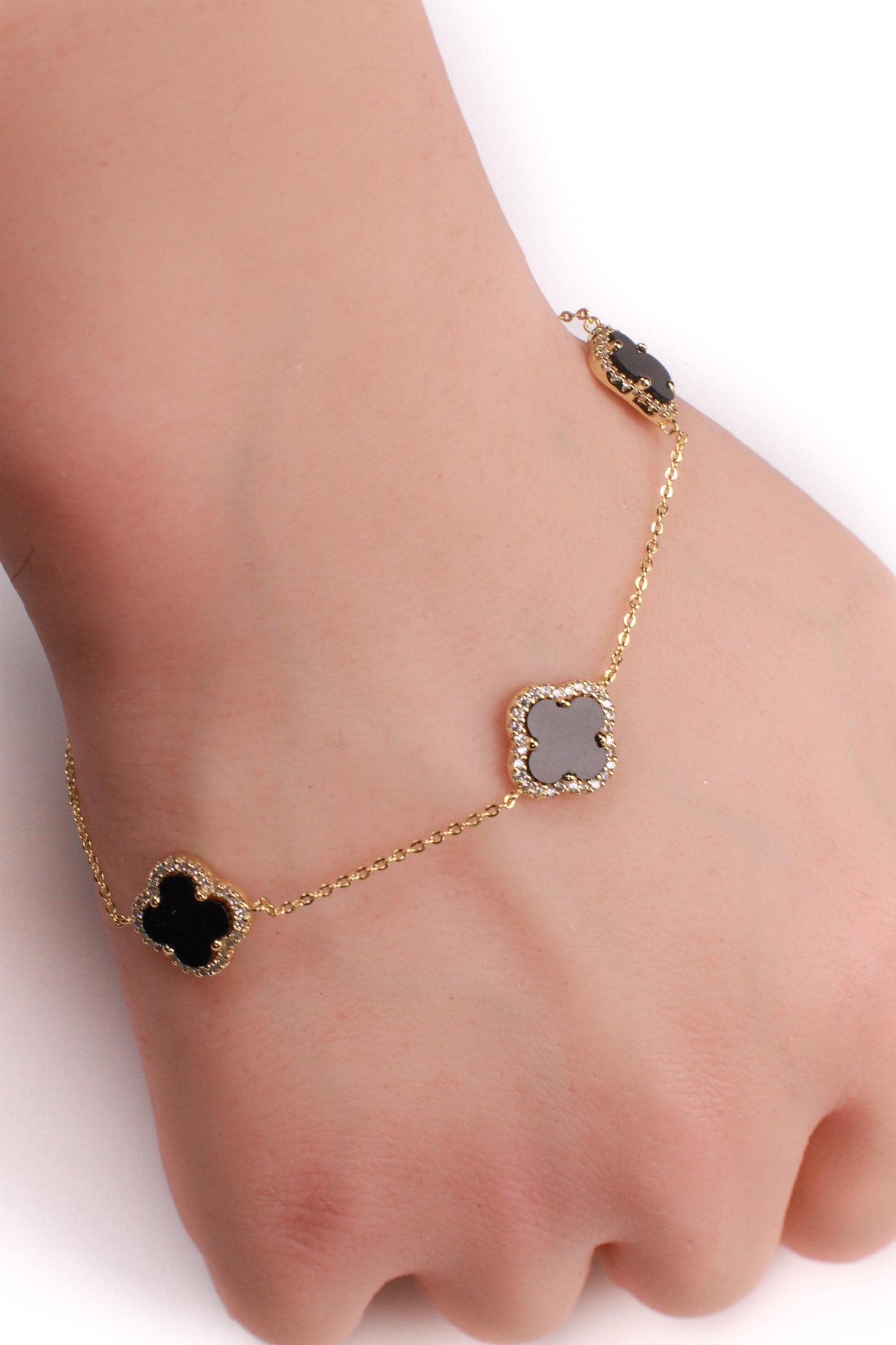 22K Gold Vermeil over 925 Sterling Silver Black Onyx Flower Charm CZ Adjustable 7”to 8.25" Silver Bracelet, Love unity Good luck charm