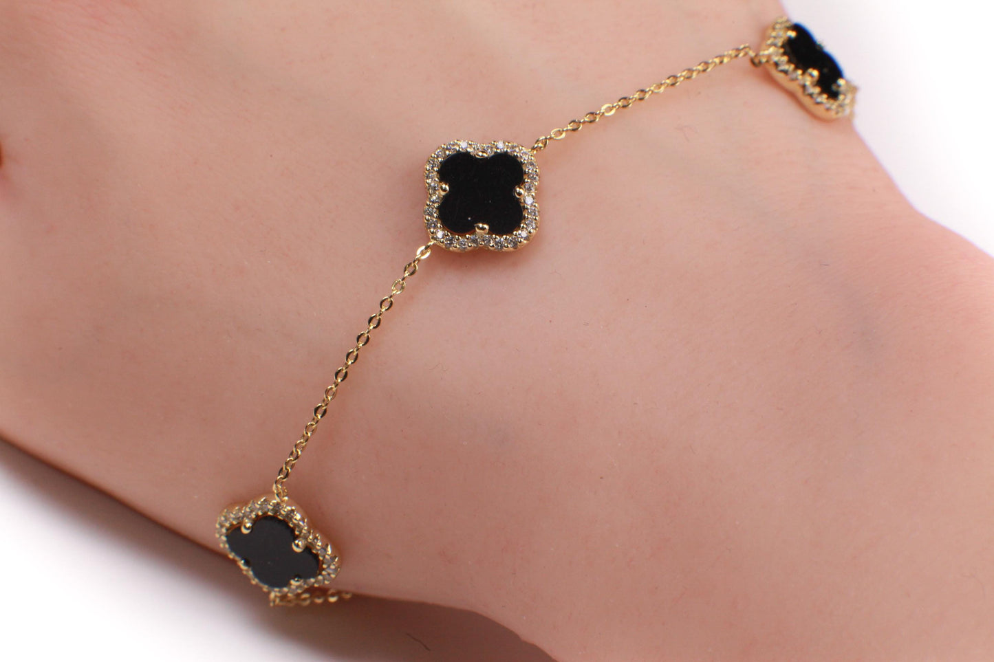 22K Gold Vermeil over 925 Sterling Silver Black Onyx Flower Charm CZ Adjustable 7”to 8.25" Silver Bracelet, Love unity Good luck charm