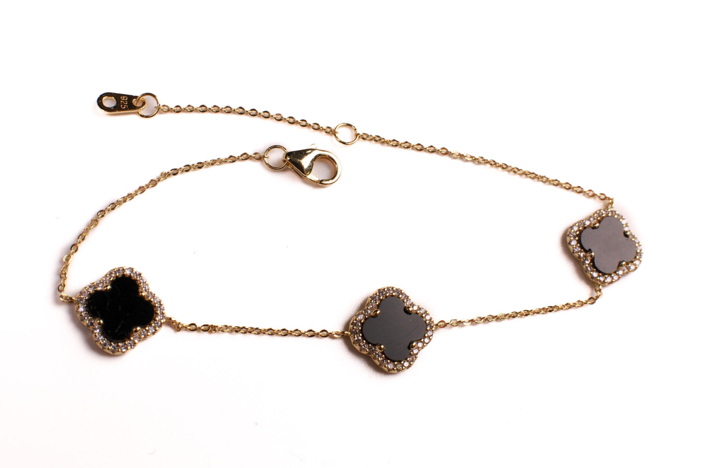22K Gold Vermeil over 925 Sterling Silver Black Onyx Flower Charm CZ Adjustable 7”to 8.25" Silver Bracelet, Love unity Good luck charm