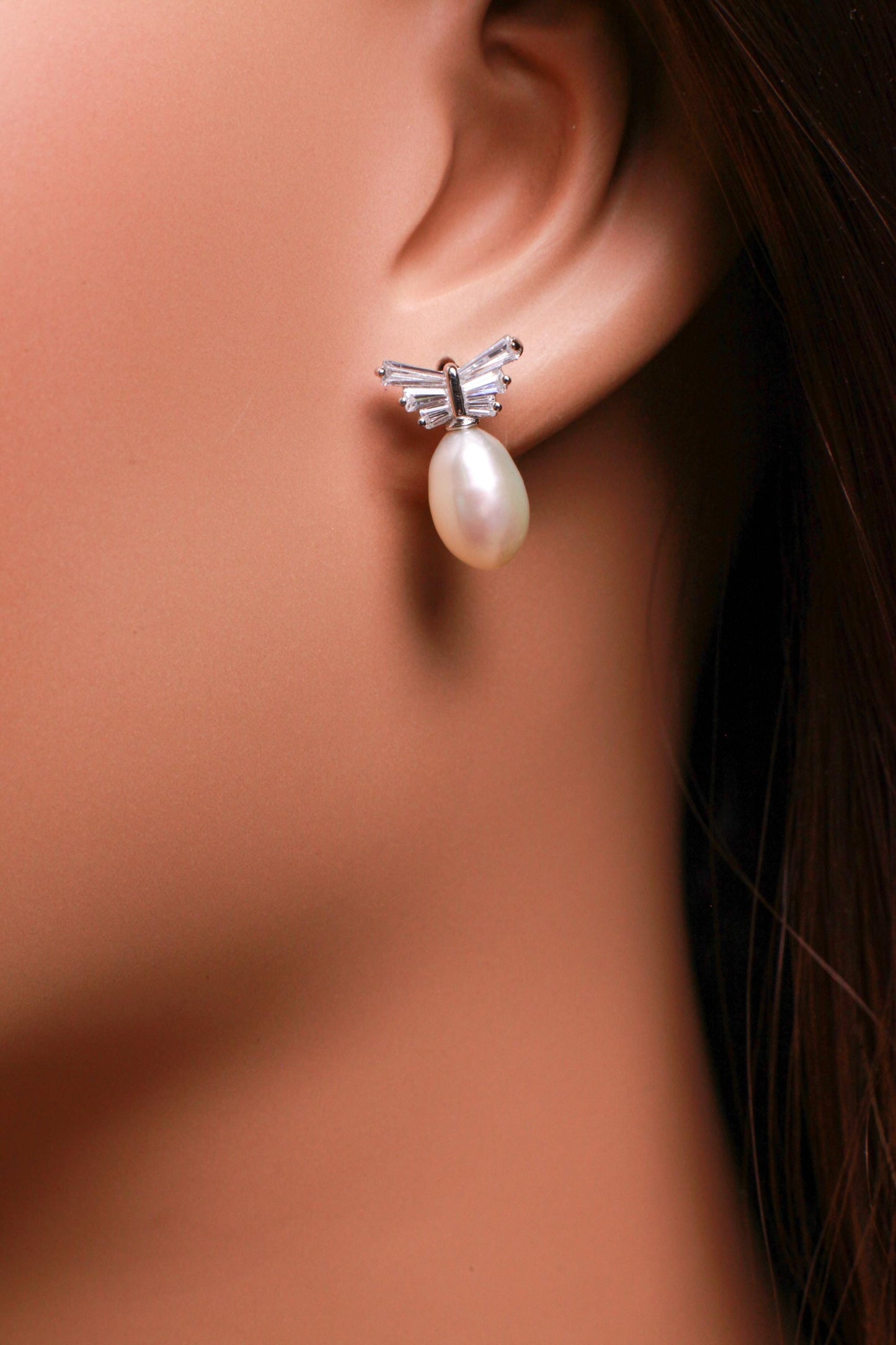 Natural Freshwater Pearl 10x16mm CZ Emerald Diamond cut Butterfly Post 925 Sterling Silver Earrings, Bridesmaid, bridal, wedding,925 Stamped