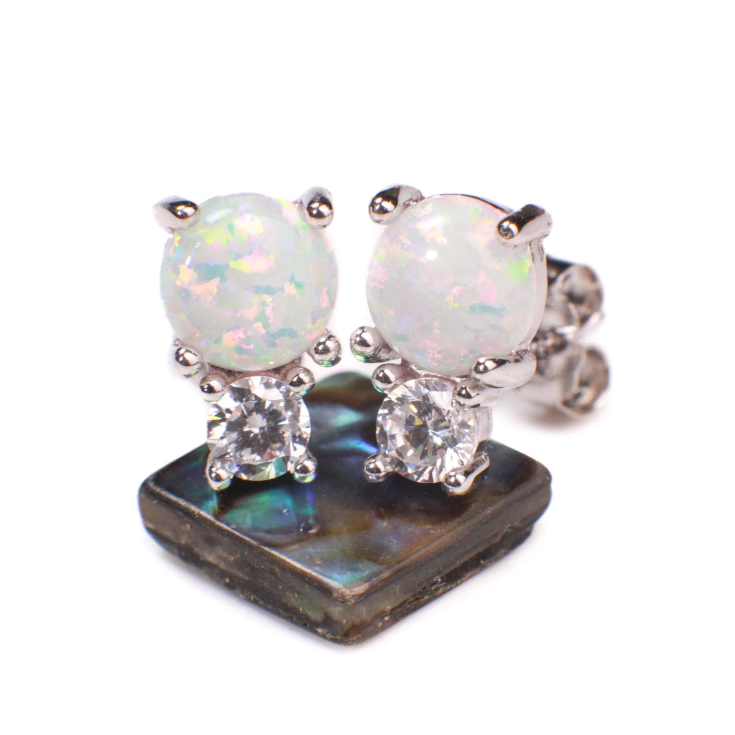 Genuine Ethiopian Fire Opal, Welo Opal, 6mm Round CZ Diamond top 925 Sterling silver Stud Earrings Fiery Opal 925 stamped Elegant Gift
