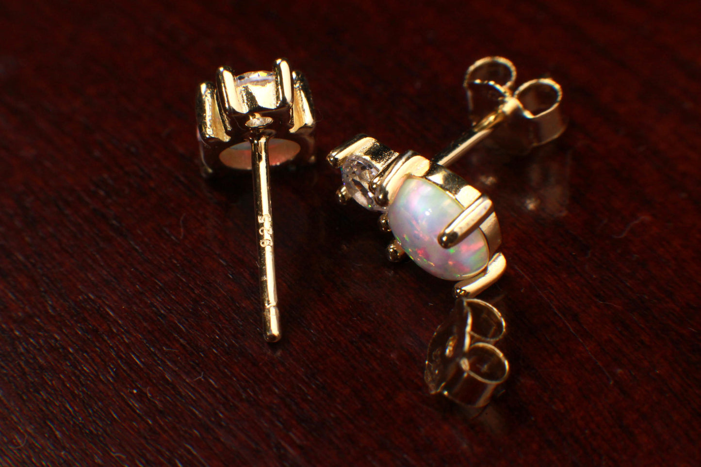Genuine Ethiopian Fire Opal, Welo Opal, 6mm Round CZ Diamond top in 22k Gold Vermeil Stud Earrings Fiery Opal 925 stamped. Elegant gift