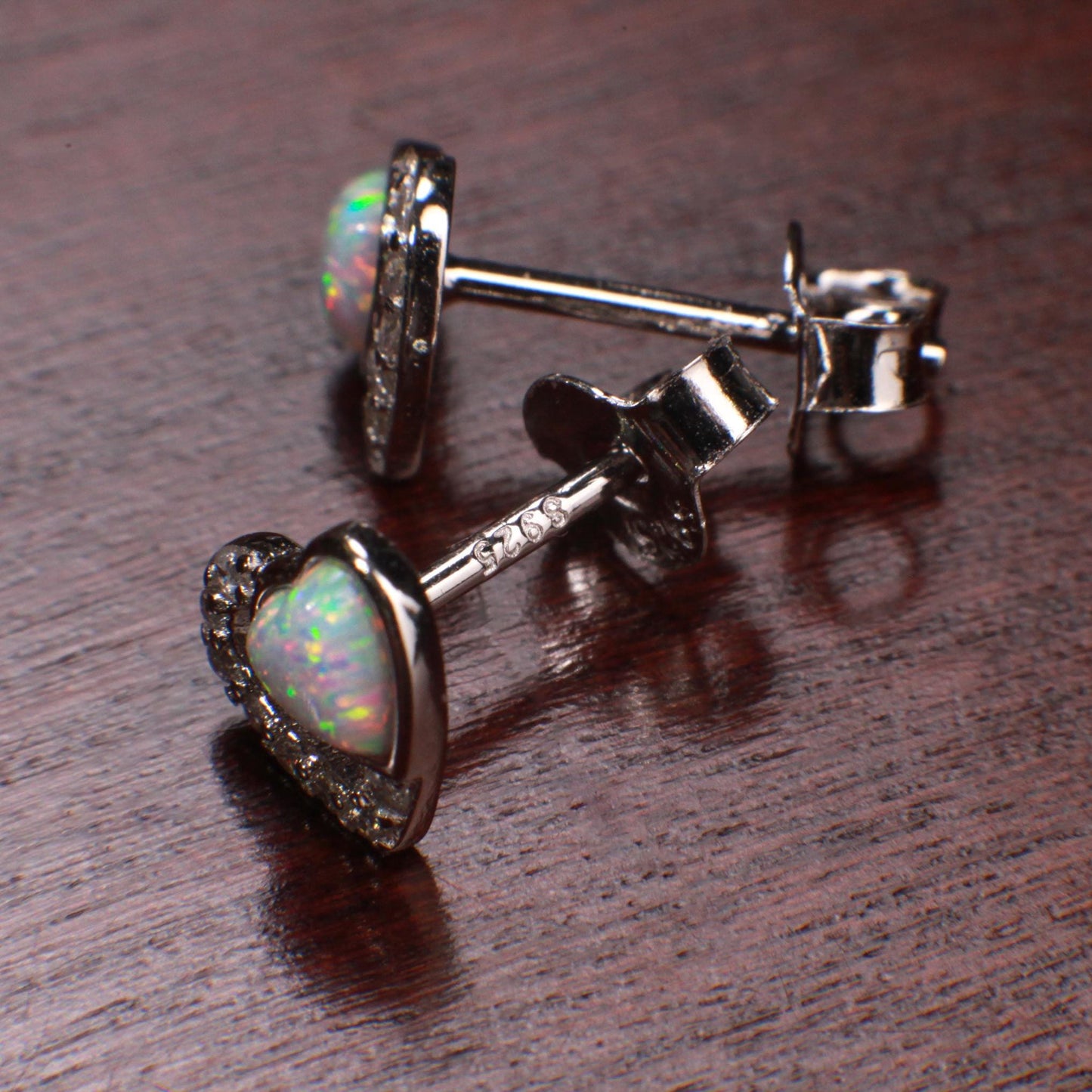 Ethiopian Fire Opal, Welo Opal, 7mm Double Heart CZ Diamond Stud Earrings 925 Sterling Silver AAA Fiery Opal Elegant Earring valentines gift