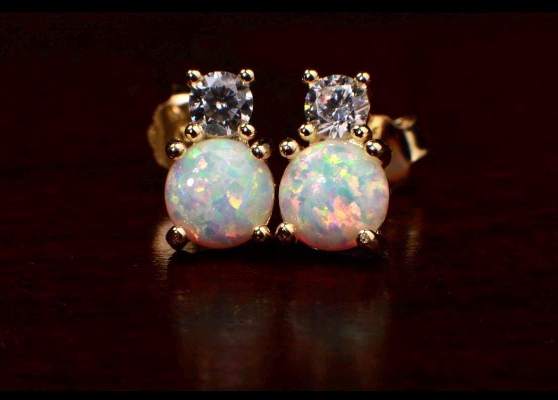 Genuine Ethiopian Fire Opal, Welo Opal, 6mm Round CZ Diamond top in 22k Gold Vermeil Stud Earrings Fiery Opal 925 stamped. Elegant gift