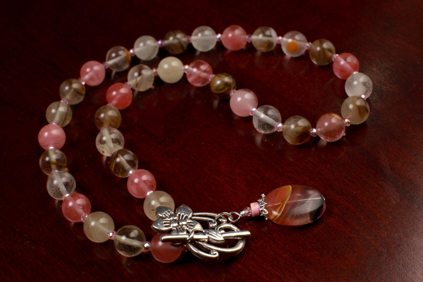 Fire Strawberry quartz 10mm round beaded necklace with pendant fancy silver flower toggle pink strawberry shaded necklace