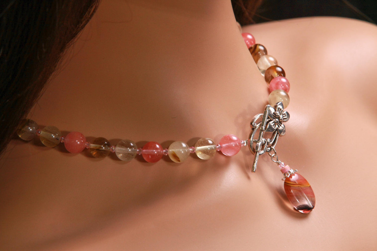 Fire Strawberry quartz 10mm round beaded necklace with pendant fancy silver flower toggle pink strawberry shaded necklace
