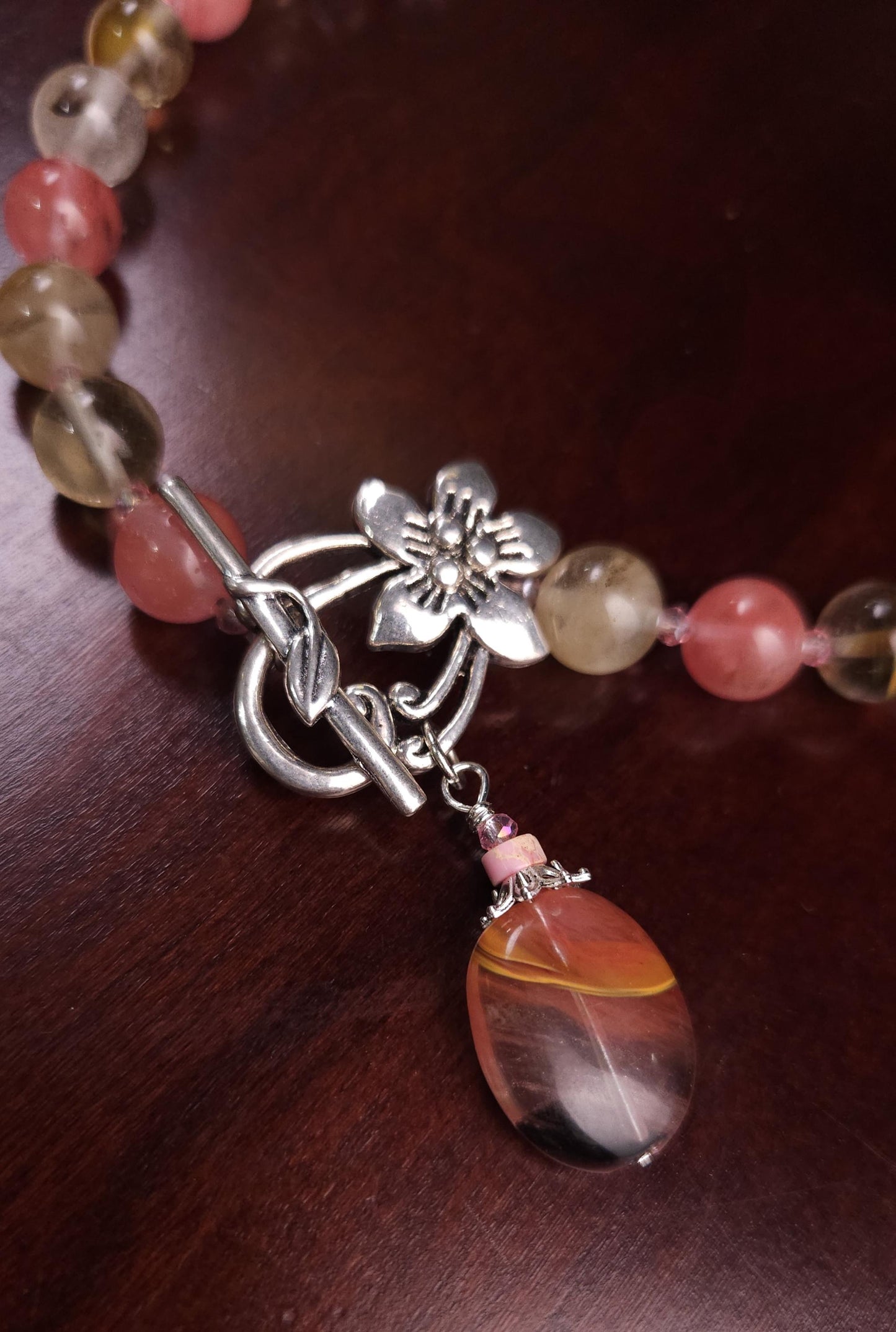 Fire Strawberry quartz 10mm round beaded necklace with pendant fancy silver flower toggle pink strawberry shaded necklace