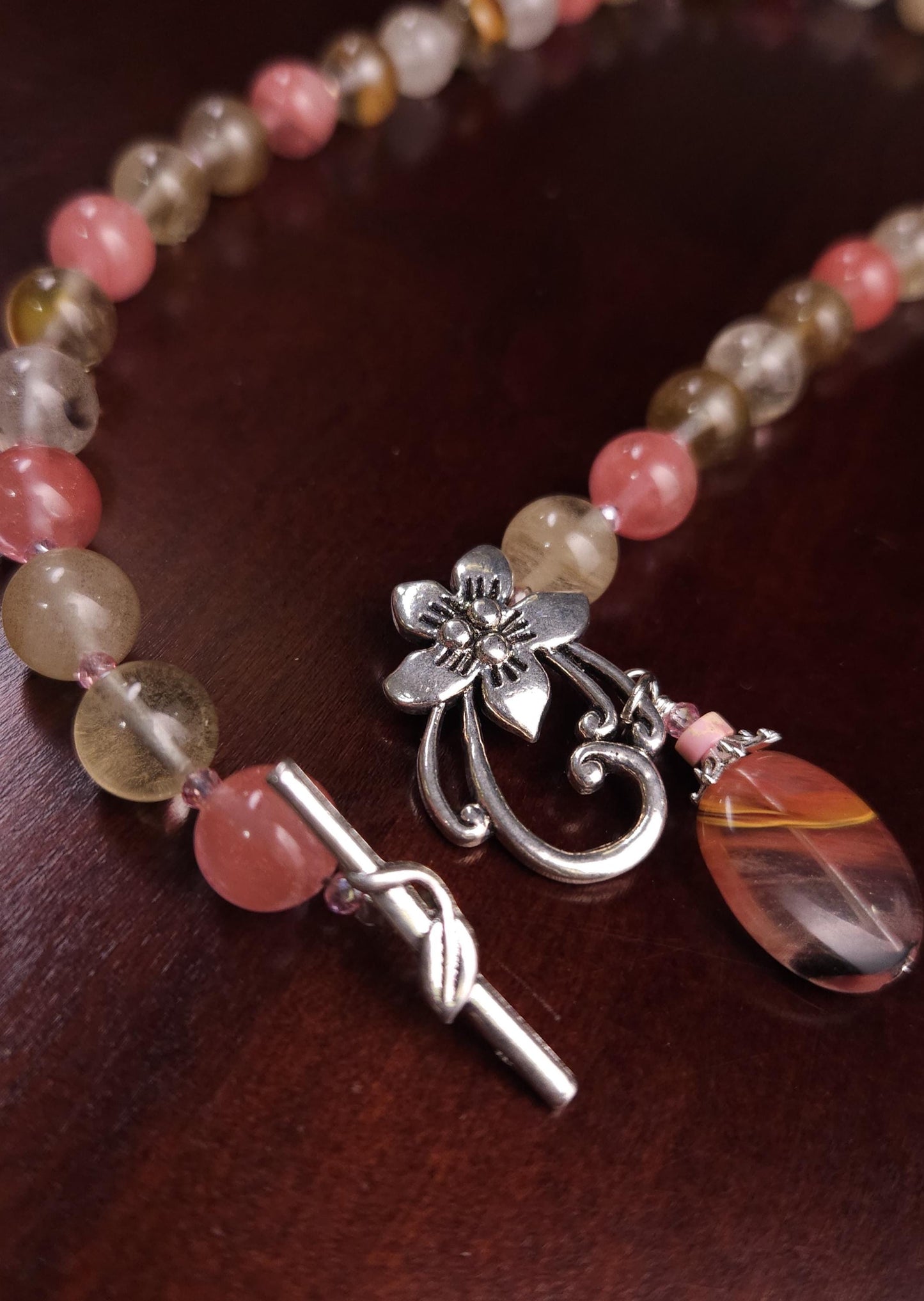Fire Strawberry quartz 10mm round beaded necklace with pendant fancy silver flower toggle pink strawberry shaded necklace