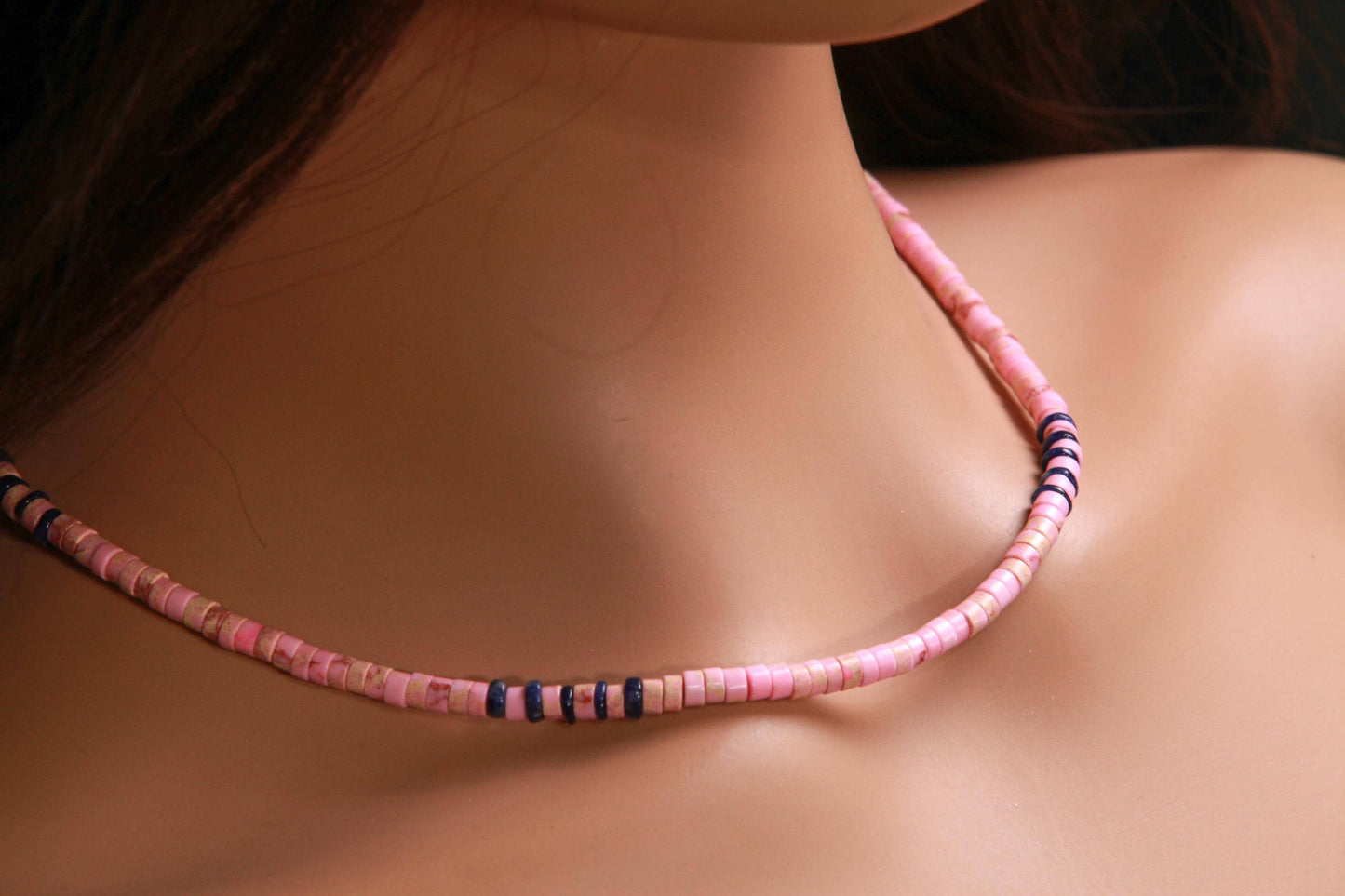 Baby Pink Impression Jasper heishi with Lapis Lazuli heishi Spacer blush pink Silver summer Necklace,for Man and Woman.
