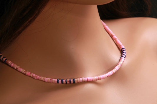 Baby Pink Impression Jasper heishi with Lapis Lazuli heishi Spacer blush pink Silver summer Necklace,for Man and Woman.