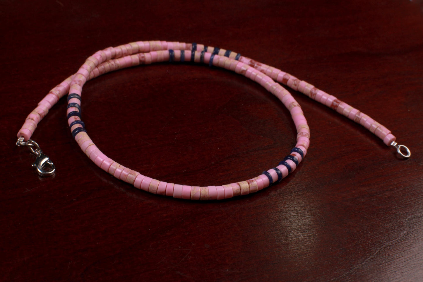 Baby Pink Impression Jasper heishi with Lapis Lazuli heishi Spacer blush pink Silver summer Necklace,for Man and Woman.