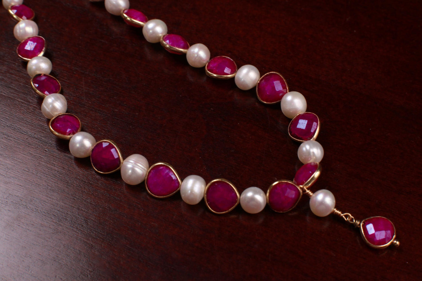 Genuine Ruby Heart shape Bezel with Fresh Water Pearl 22k Gold vermeil pendant necklace purplish pink Valentine, Bridesmaid,Gift for her