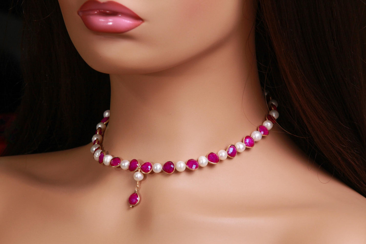 Genuine pink Ruby Heart shape Bezel with fresh Water Pearl 22k Gold vermeil Y necklace purplish pink Valentine, Bridesmaid
