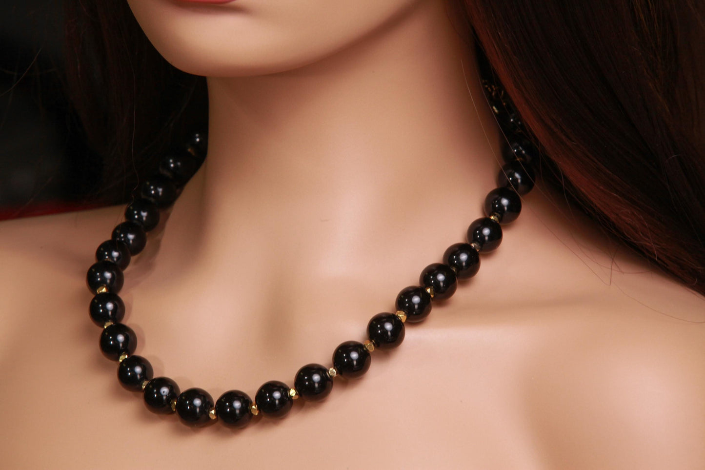 Genuine Black Onyx 14mm 18" Gold Necklace with 3" Extension Chain. High Quality Onyx smooth polished Bead. Elegant Gift for Mom