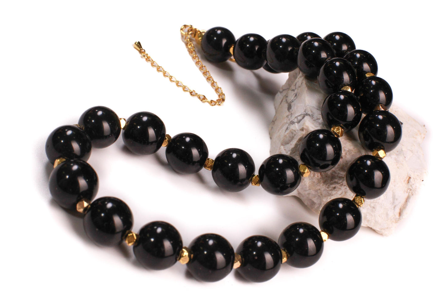 Genuine Black Onyx 14mm 18" Gold Necklace with 3" Extension Chain. High Quality Onyx smooth polished Bead. Elegant Gift for Mom